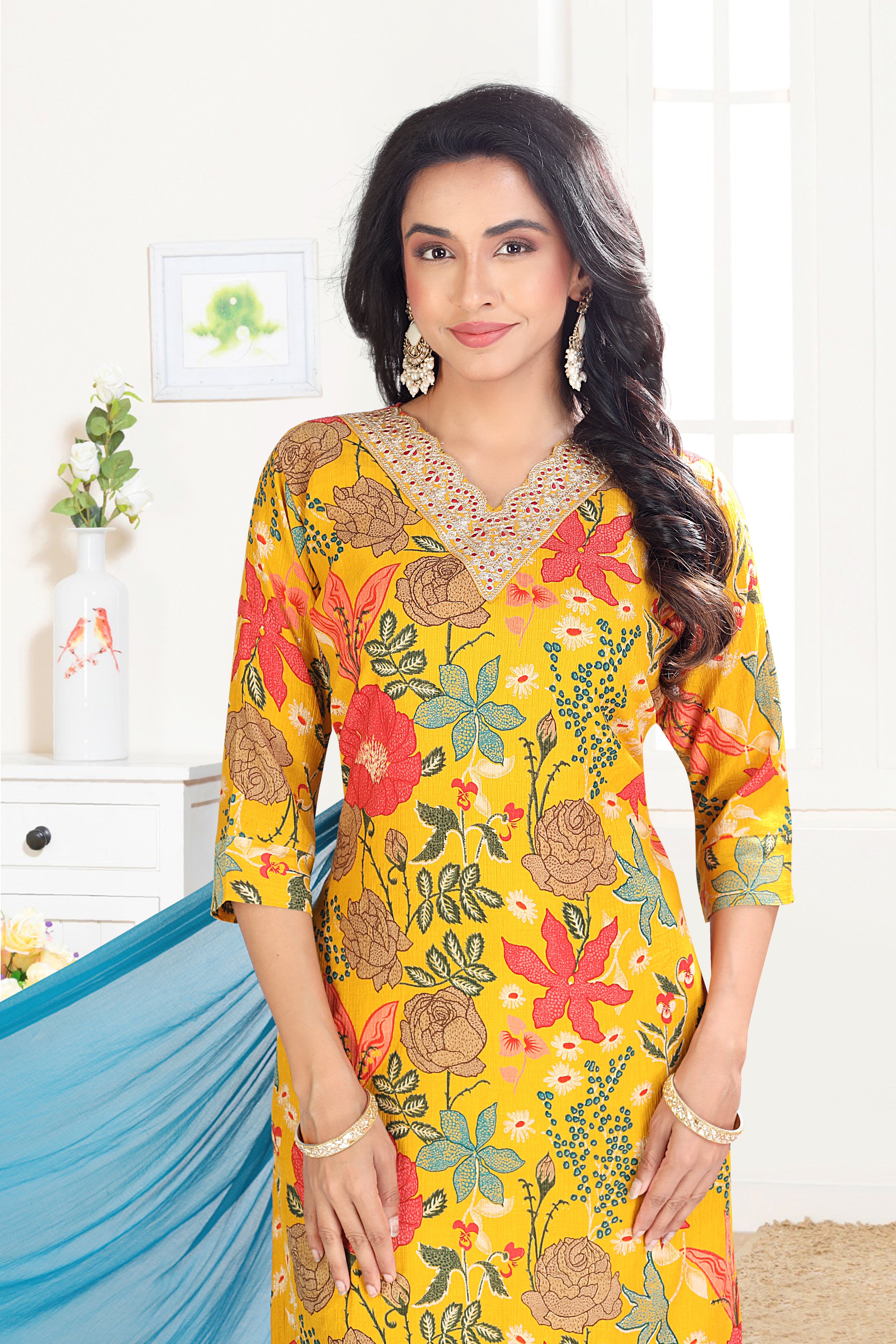 Yellow Floral Printed Silk Blend Straight Suit With Dupatta