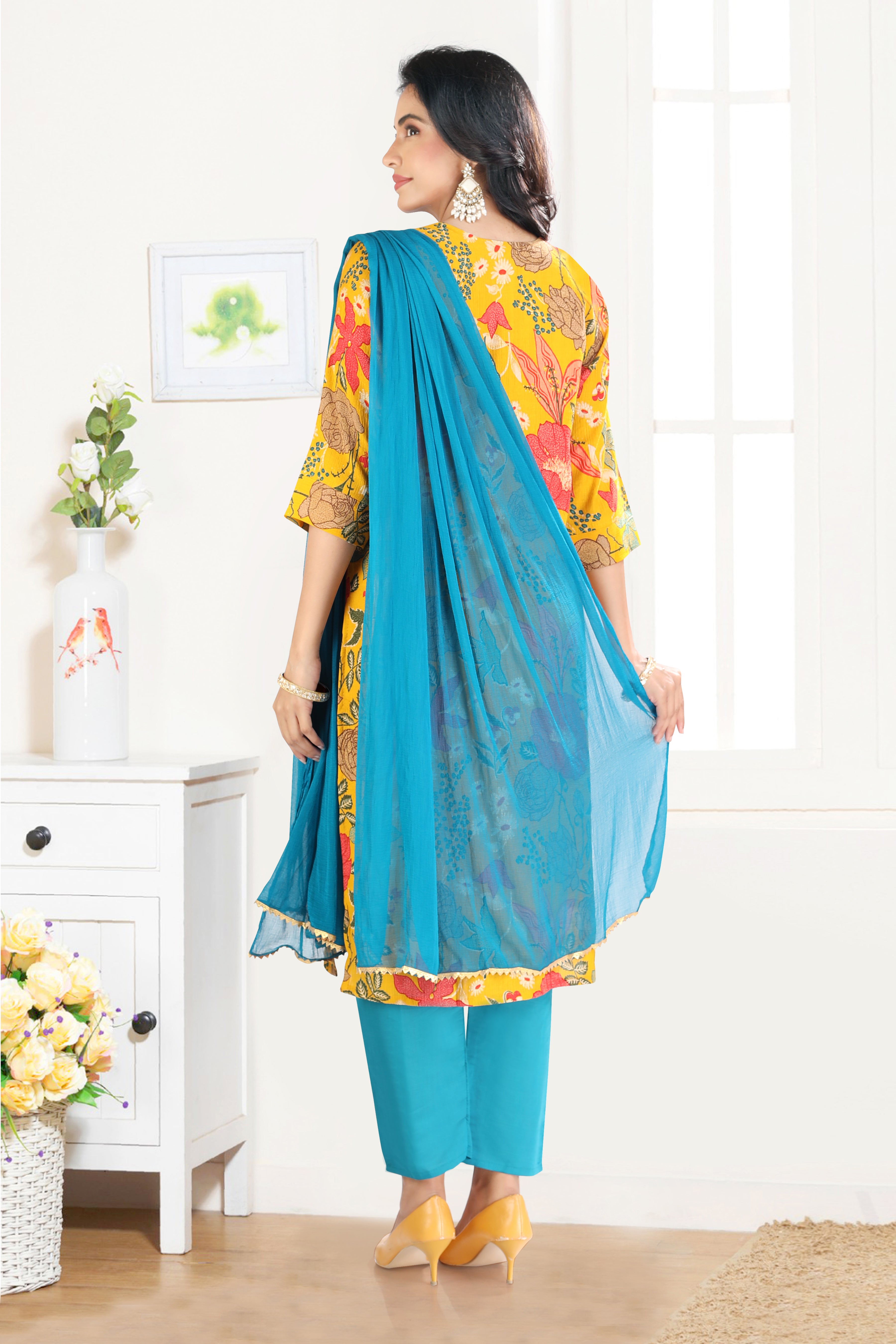 Yellow Floral Printed Silk Blend Straight Suit With Dupatta