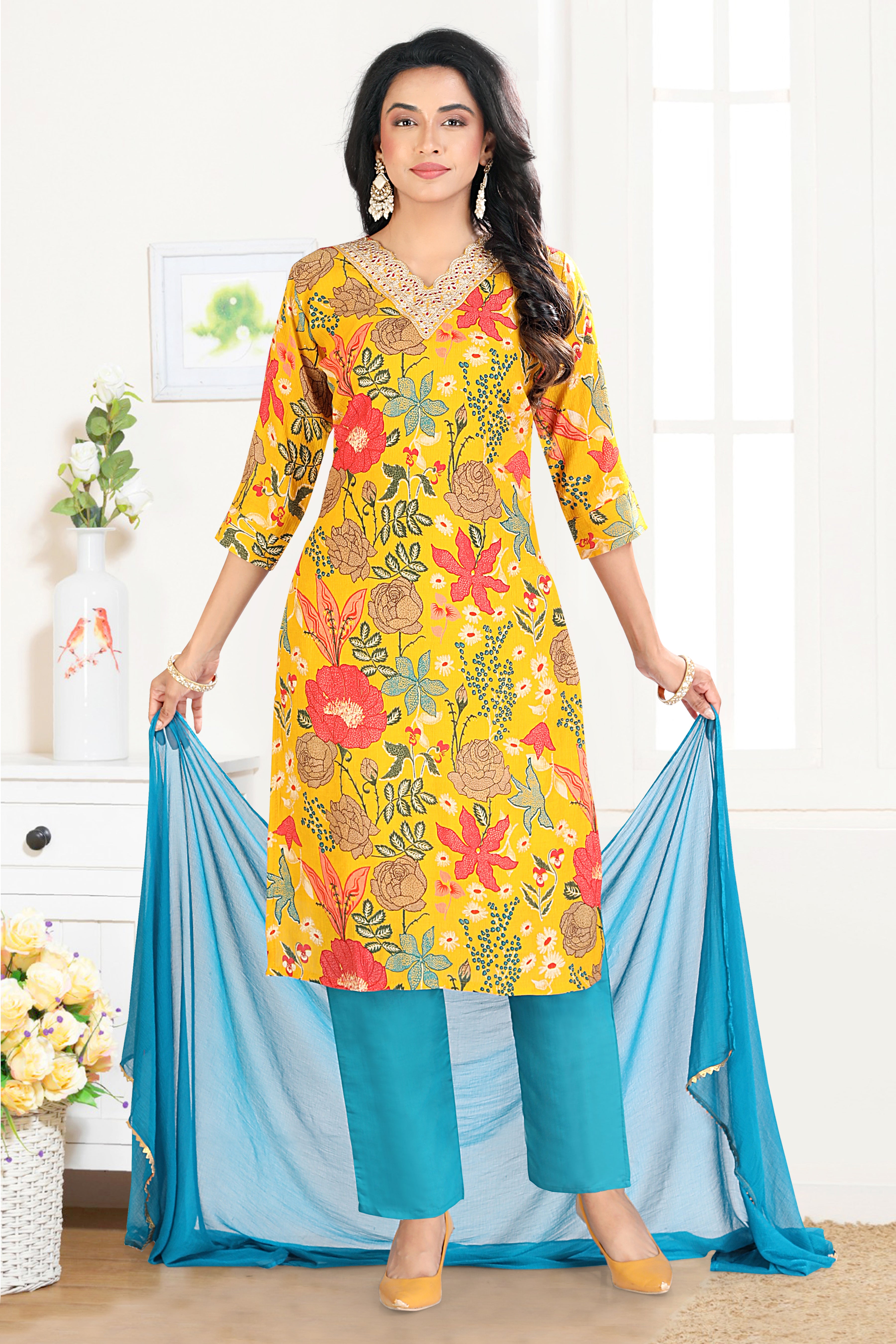 Yellow Floral Printed Silk Blend Straight Suit With Dupatta
