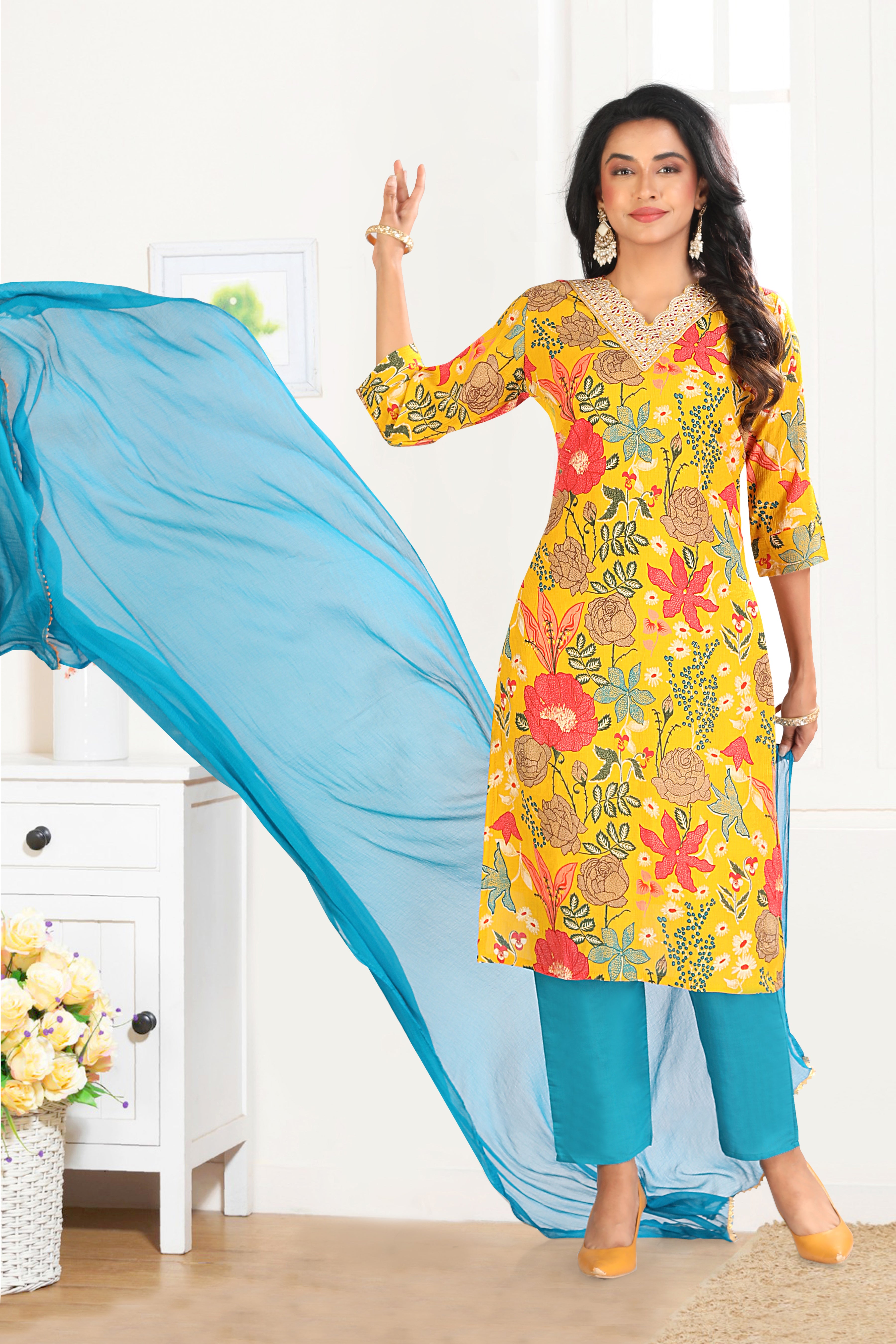 Yellow Floral Printed Silk Blend Straight Suit With Dupatta