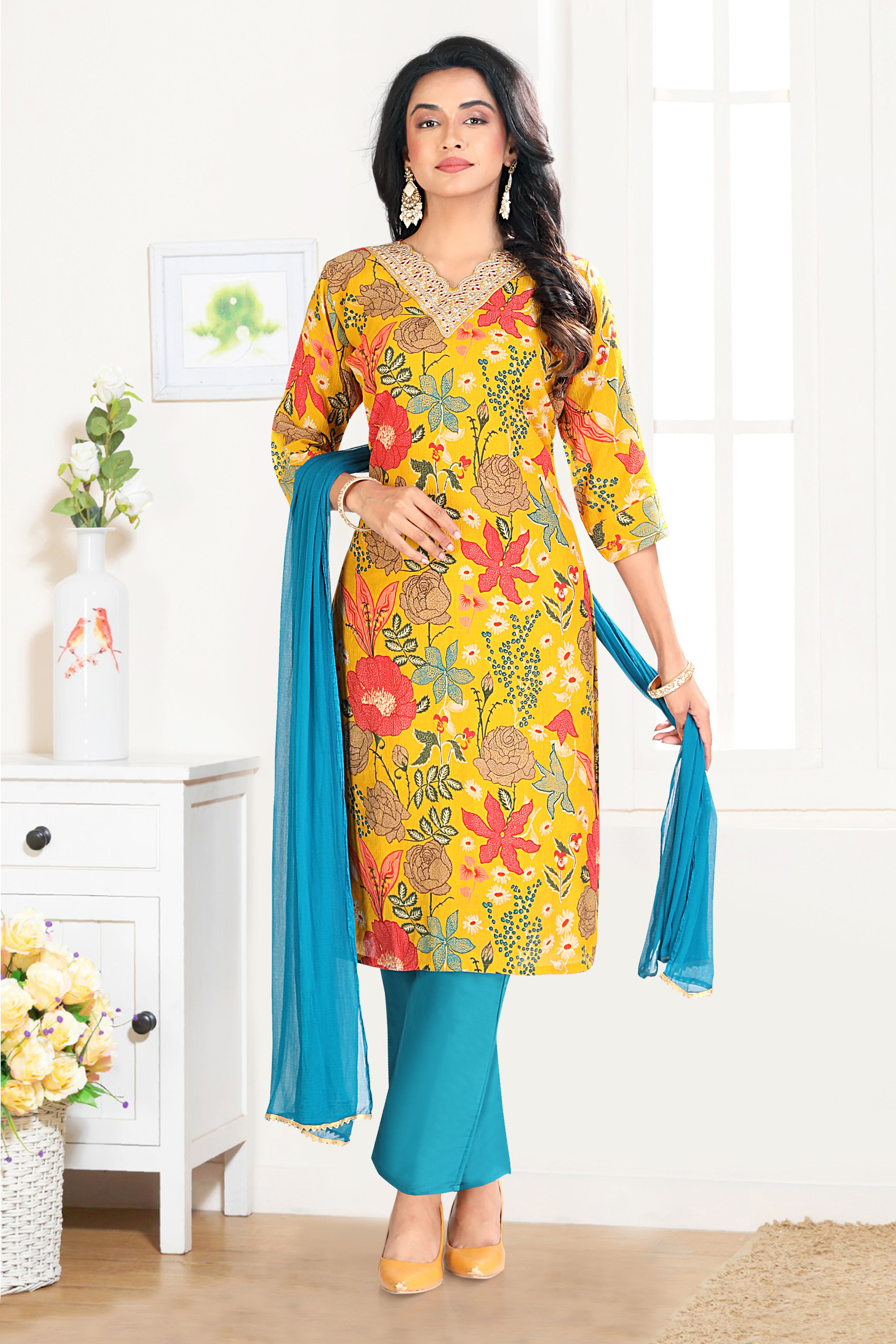 Yellow Floral Printed Silk Blend Straight Suit With Dupatta