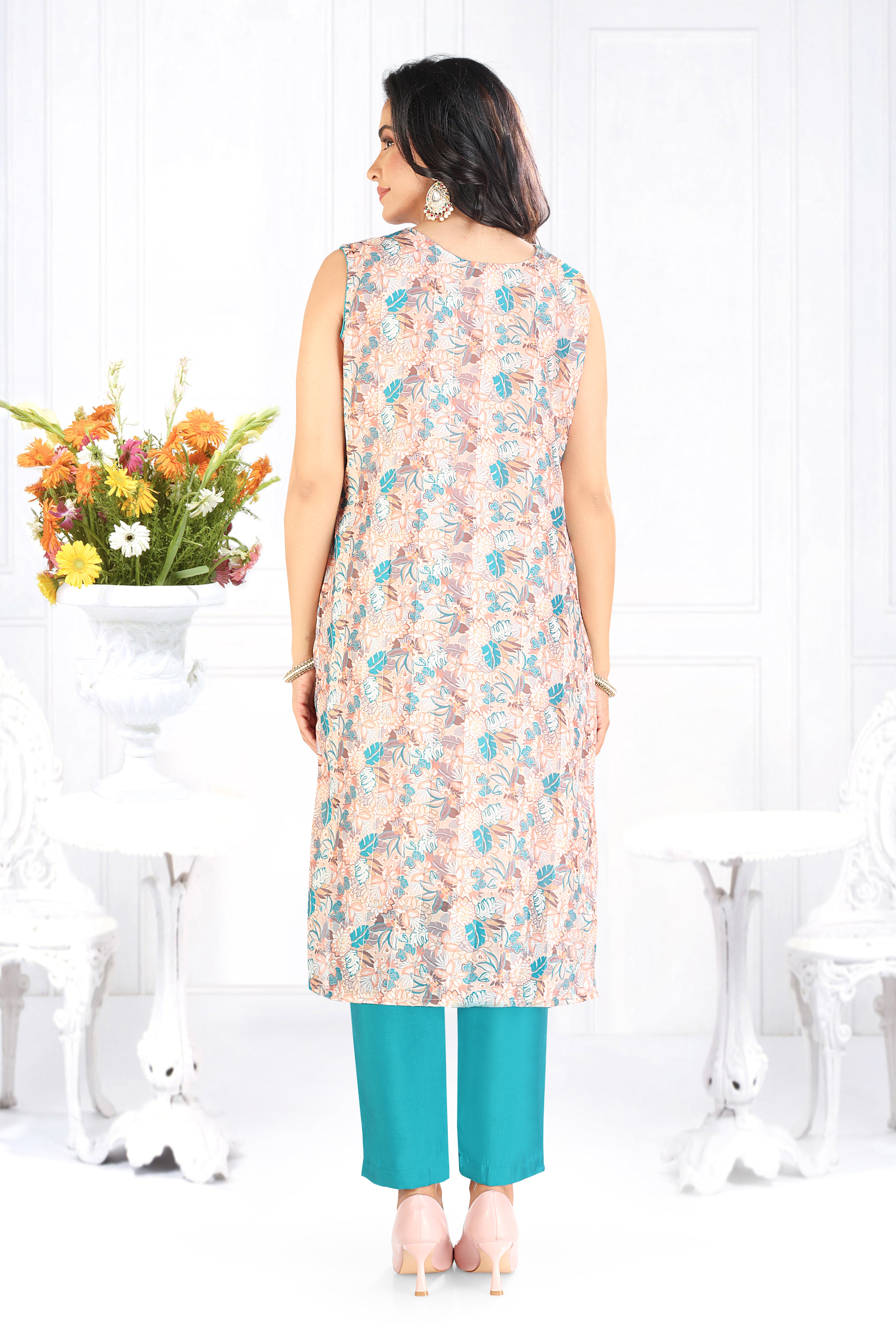 Skin Blue Printed Silk Blend Straight Suit With Dupatta