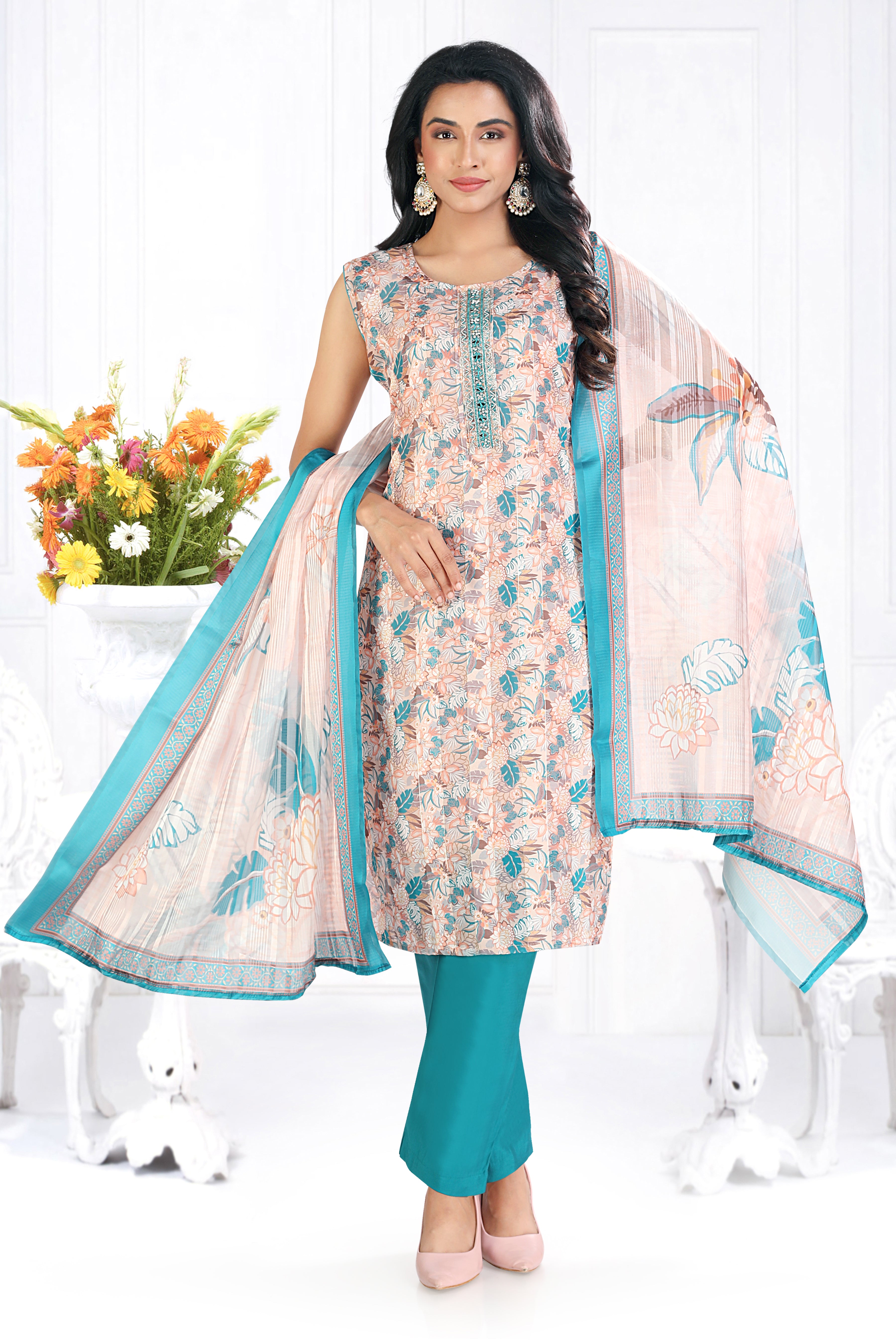 Skin Blue Printed Silk Blend Straight Suit With Dupatta