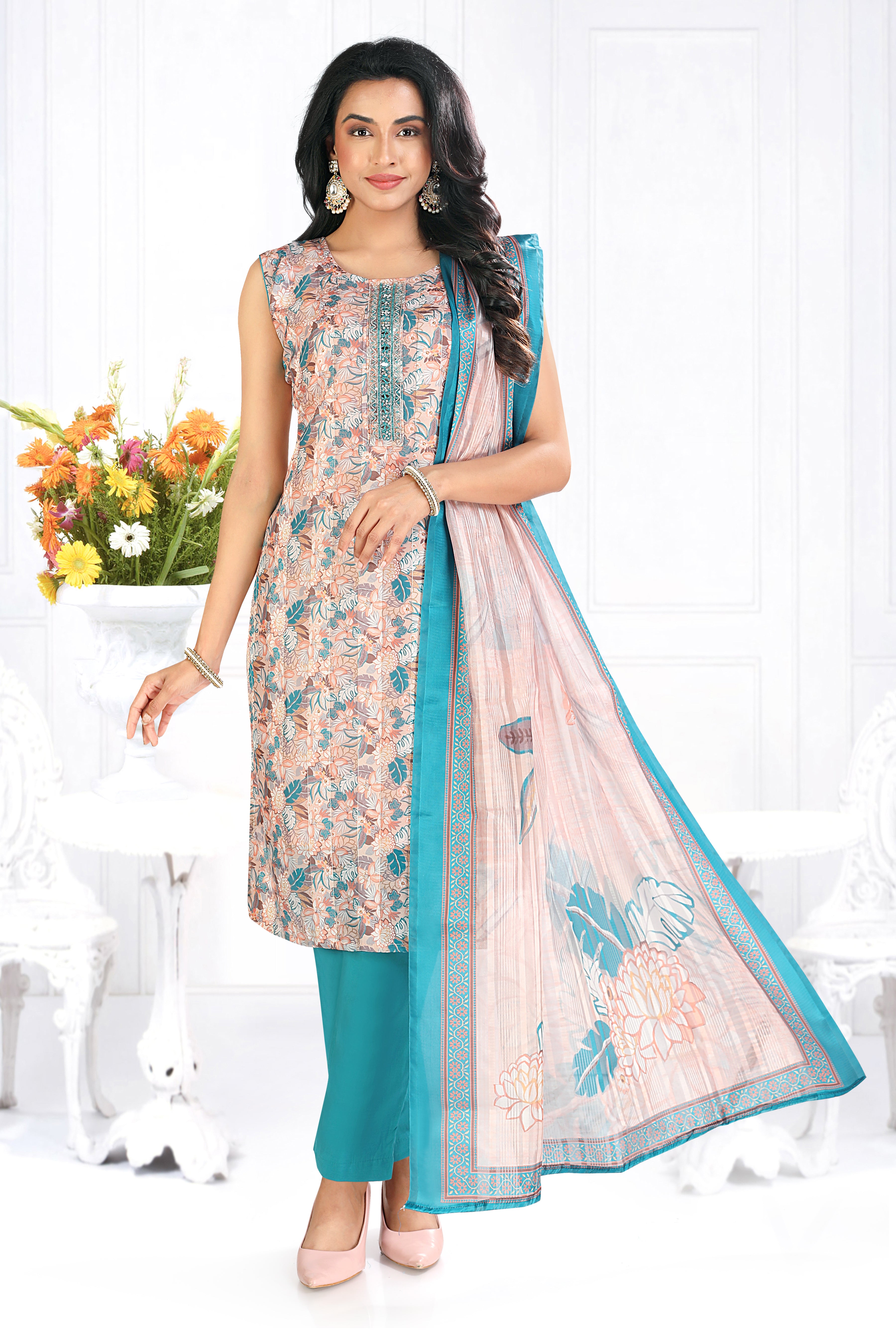 Skin Blue Printed Silk Blend Straight Suit With Dupatta