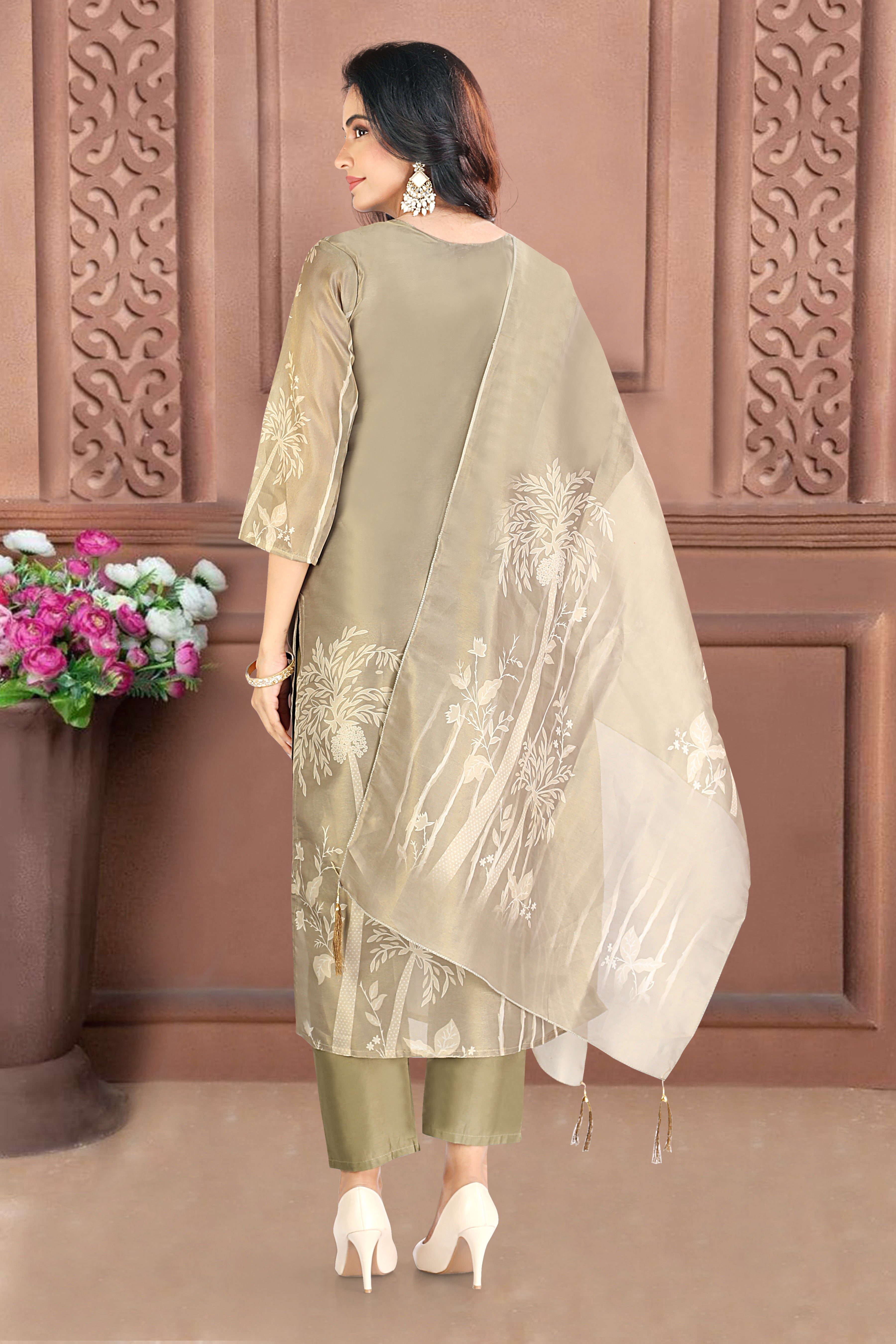 Olive Printed Silk Blend Straight Suit With Dupatta