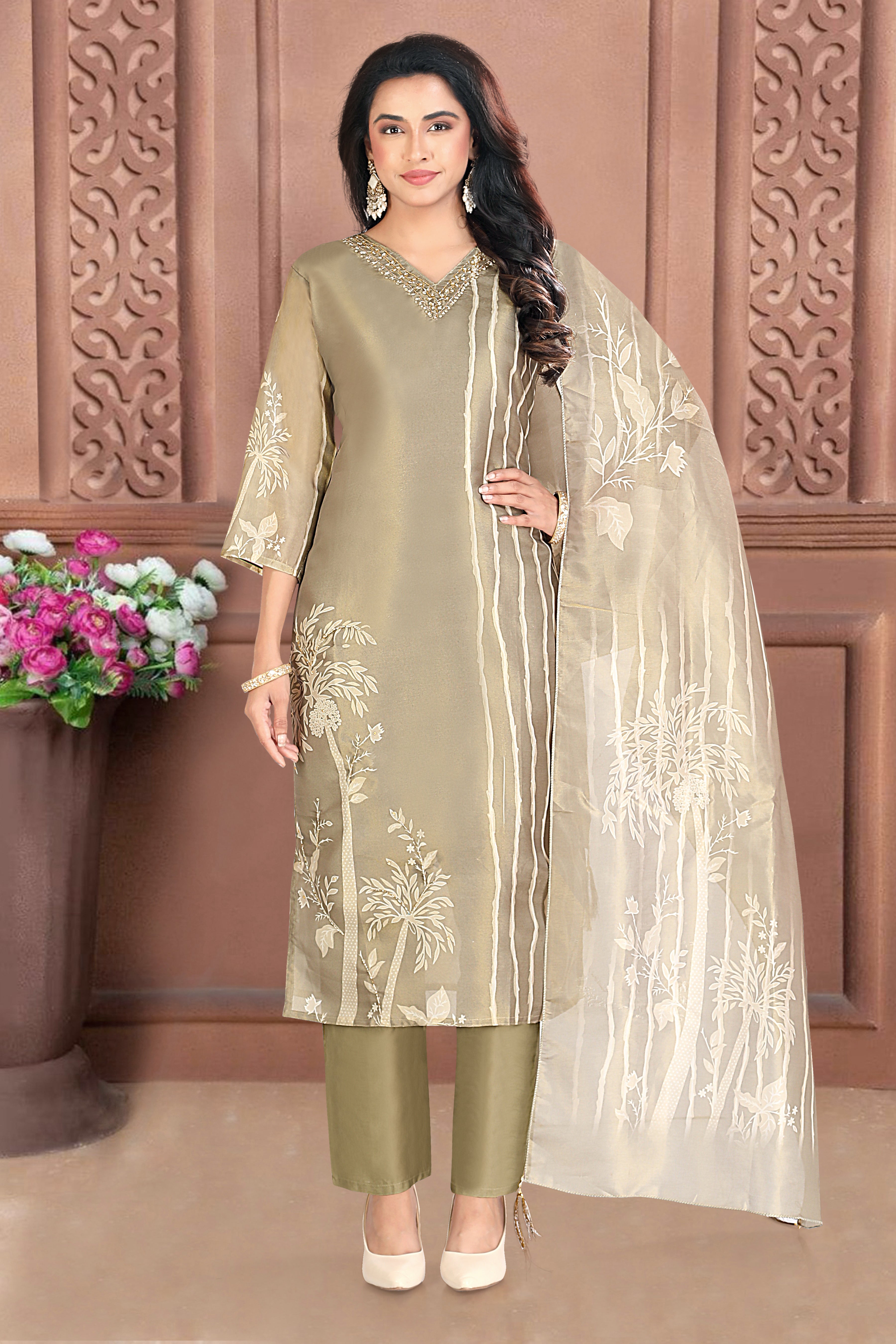 Olive Printed Silk Blend Straight Suit With Dupatta