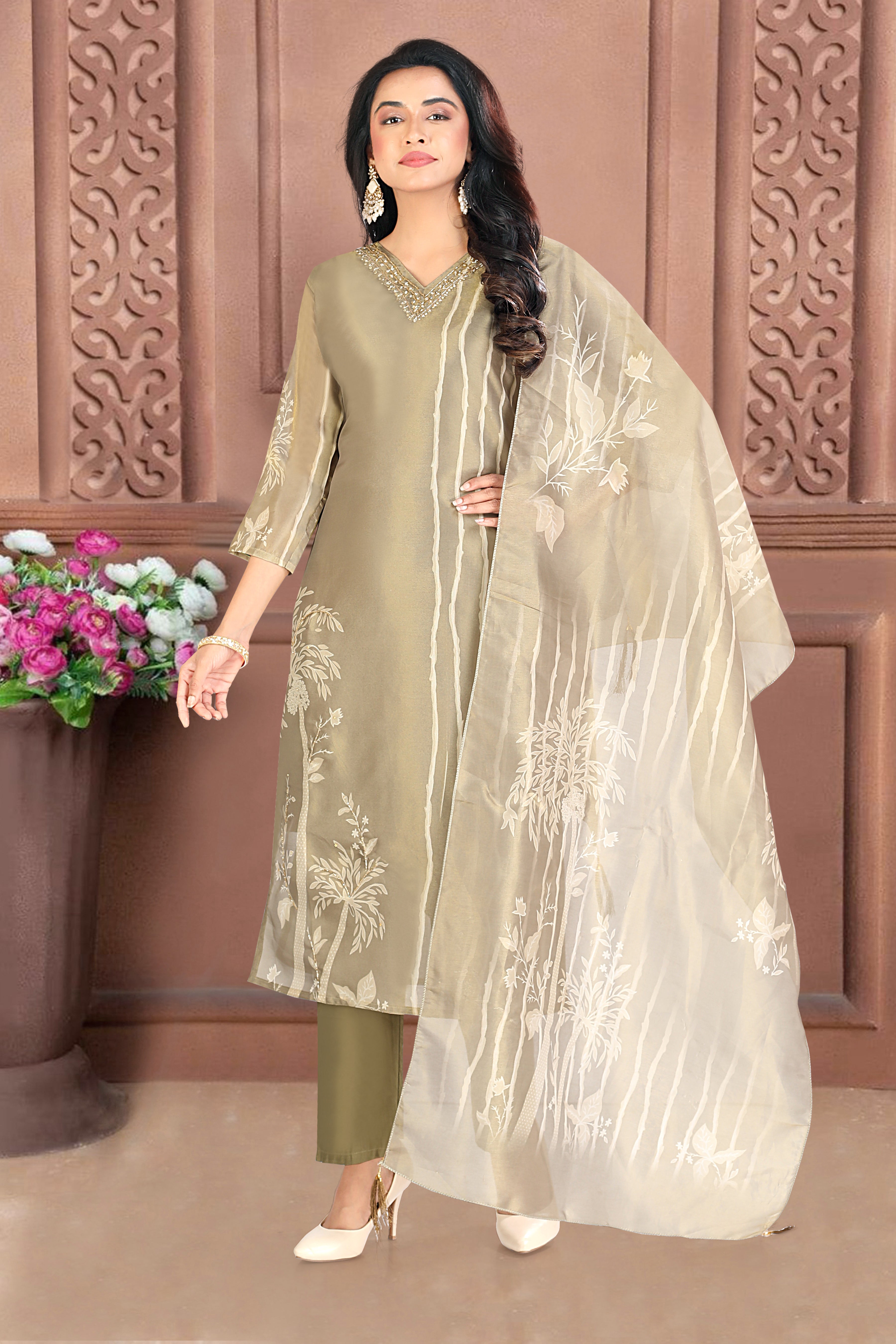 Olive Printed Silk Blend Straight Suit With Dupatta