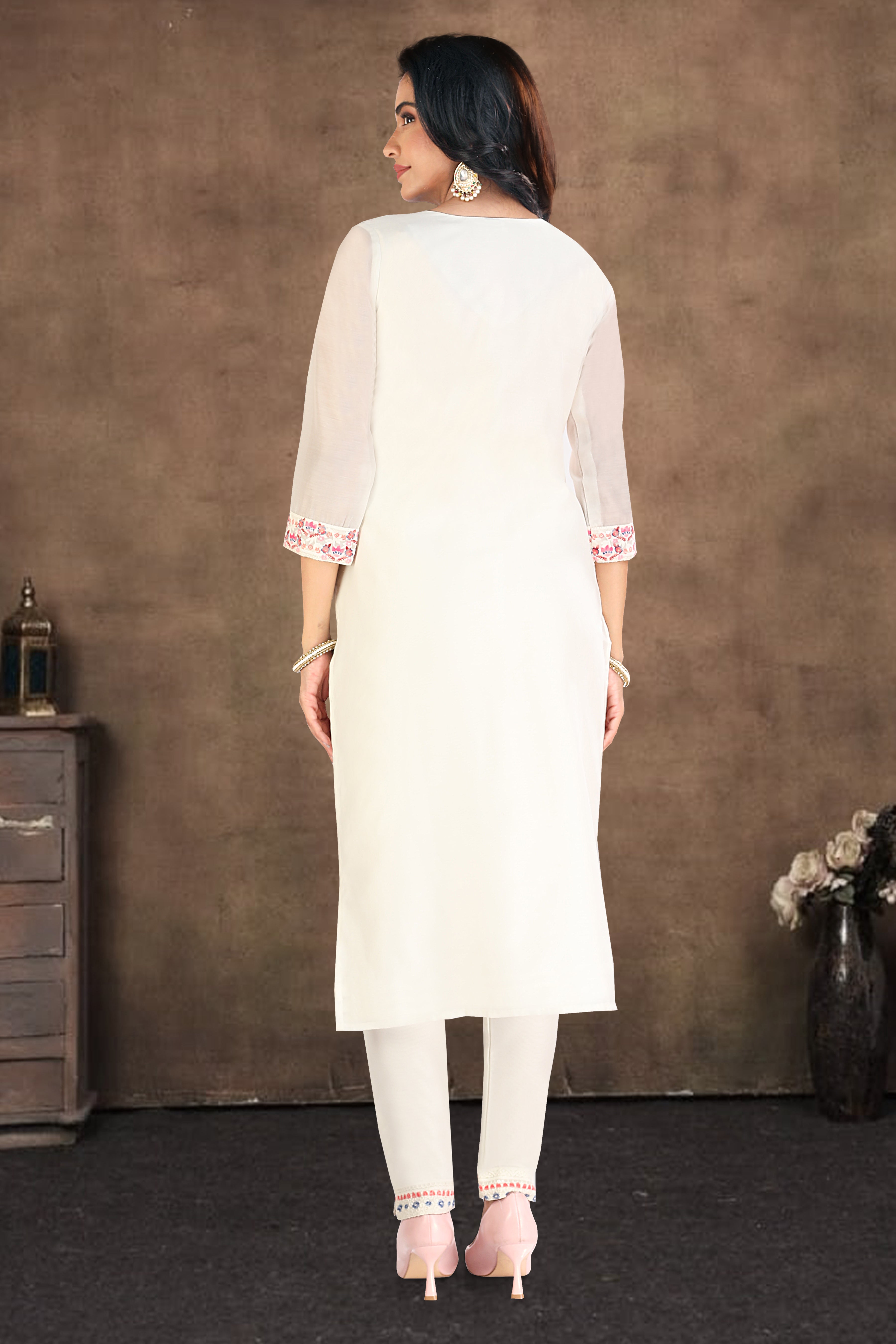 White Embroidered Cotton Blend Straight Suit With Dupatta