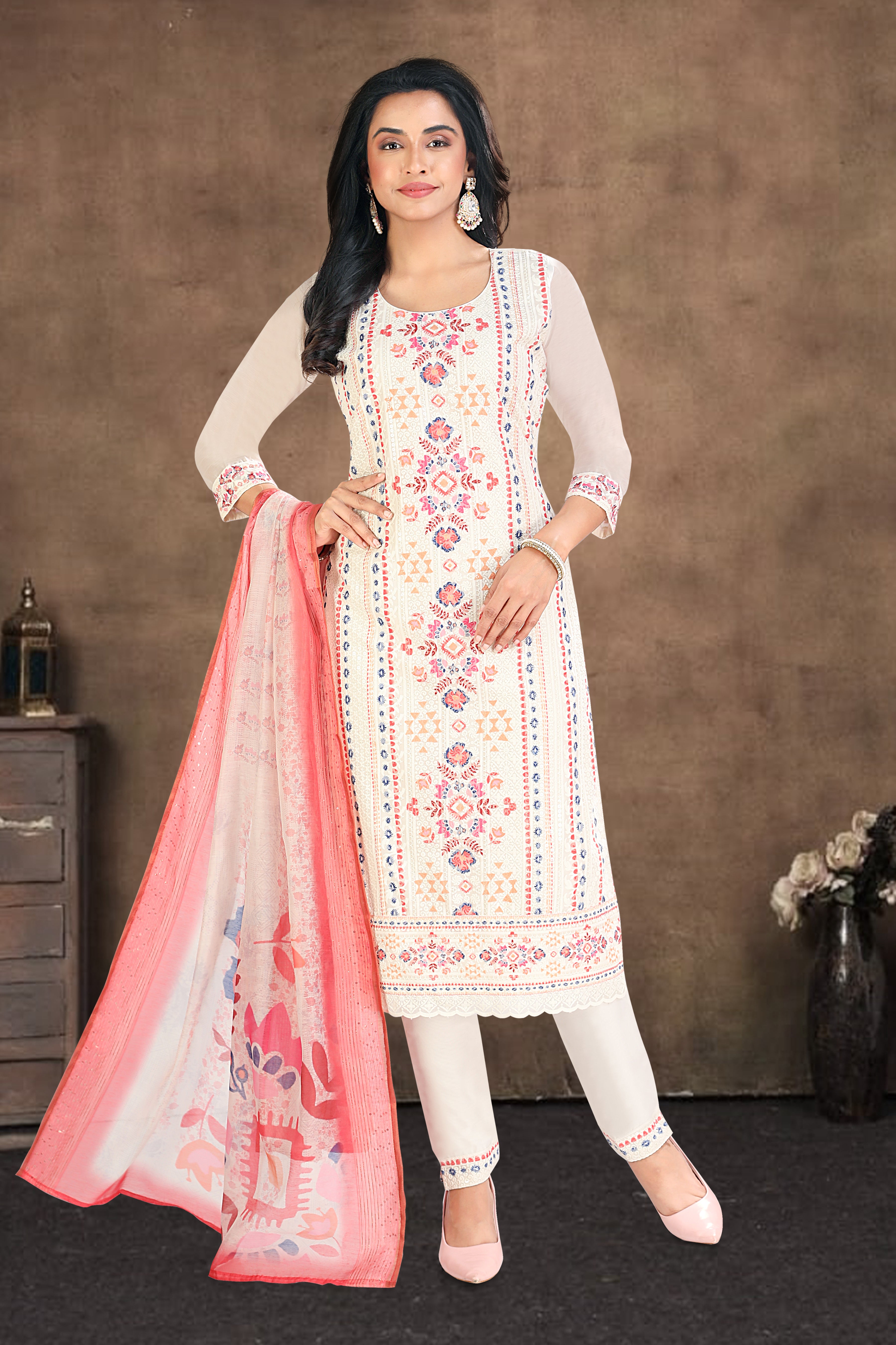 White Embroidered Cotton Blend Straight Suit With Dupatta