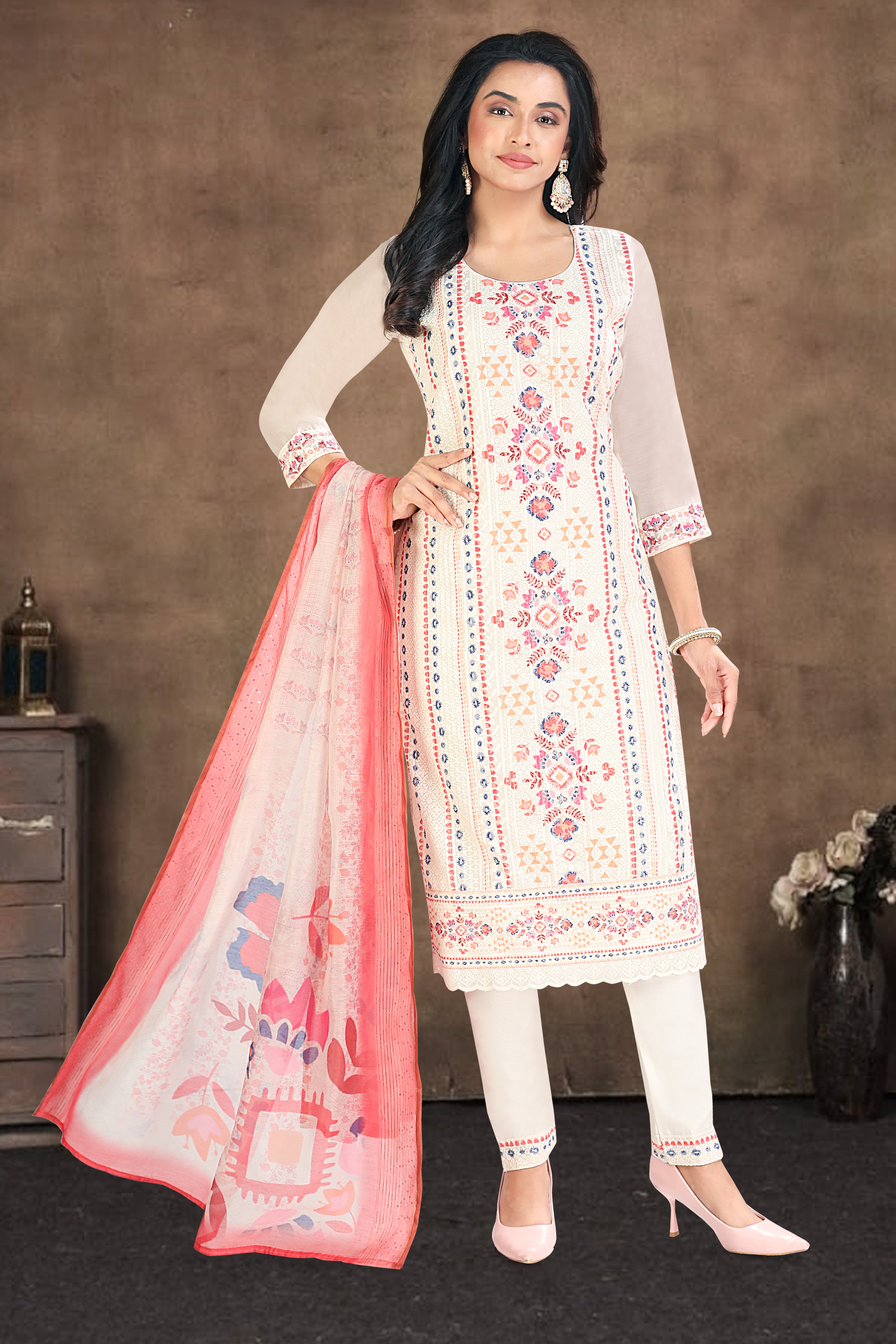 White Embroidered Cotton Blend Straight Suit With Dupatta