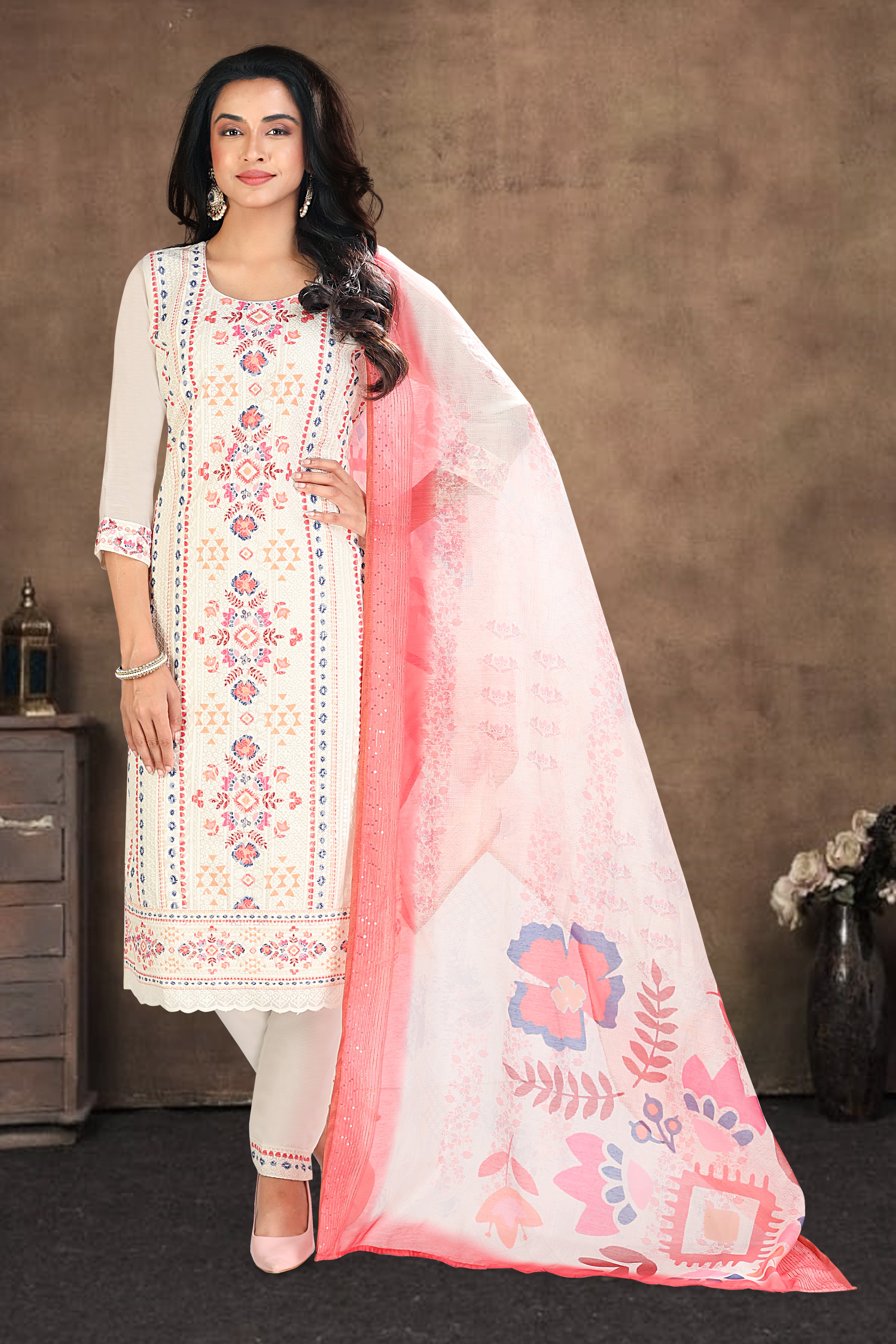 White Embroidered Cotton Blend Straight Suit With Dupatta