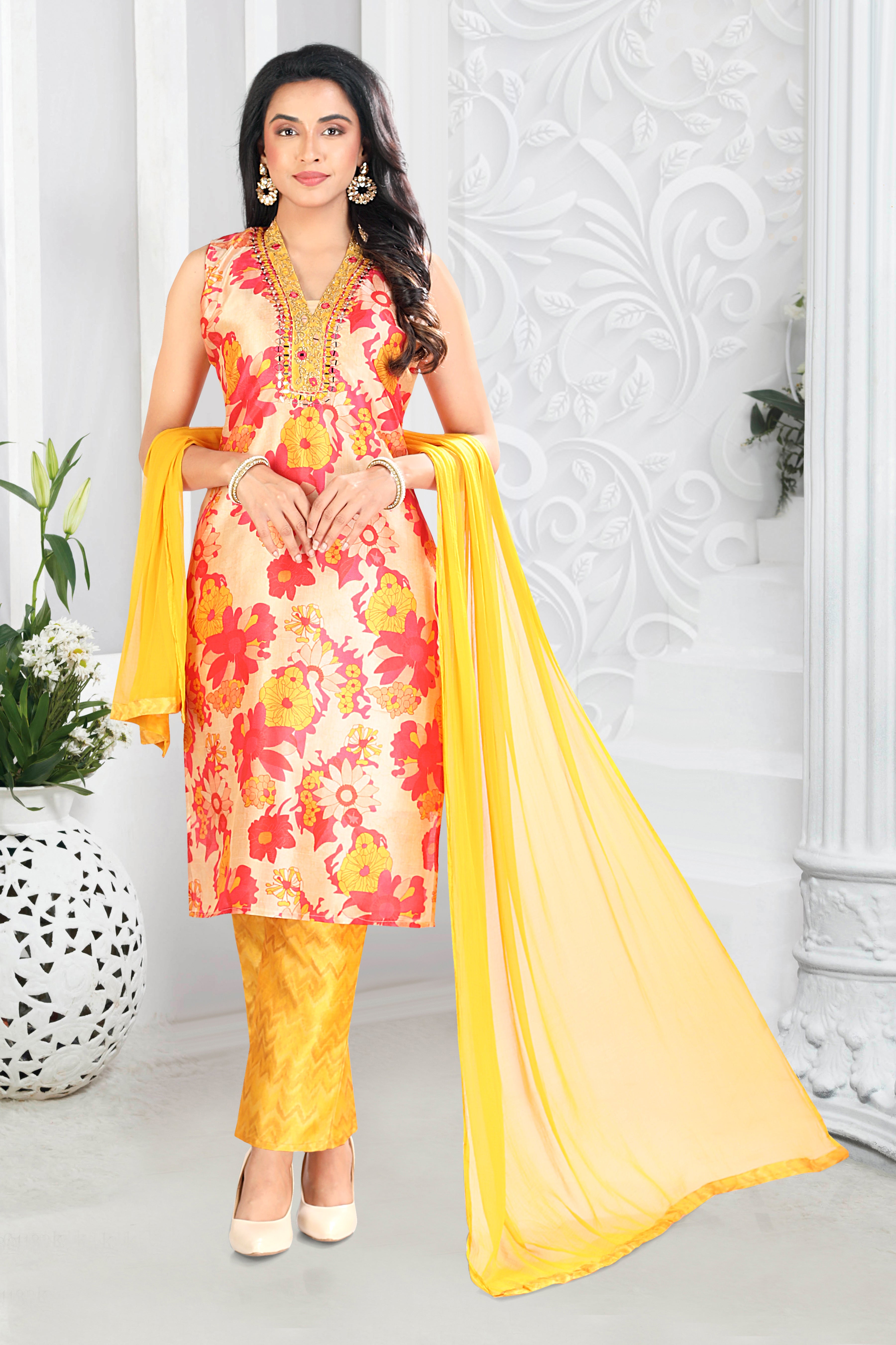 Vibrant Floral Printed Silk Blend Straight Suit With Dupatta