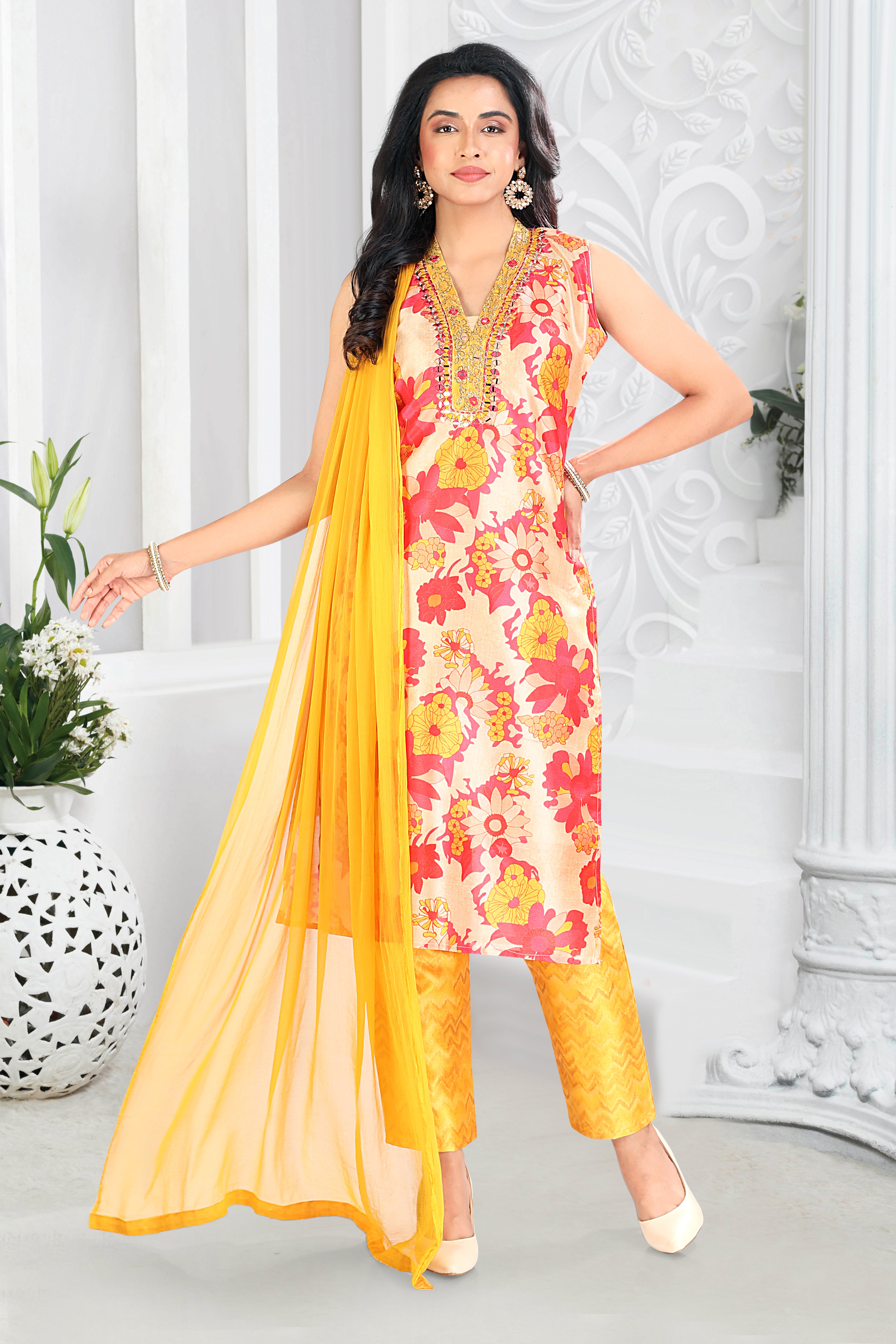 Vibrant Floral Printed Silk Blend Straight Suit With Dupatta