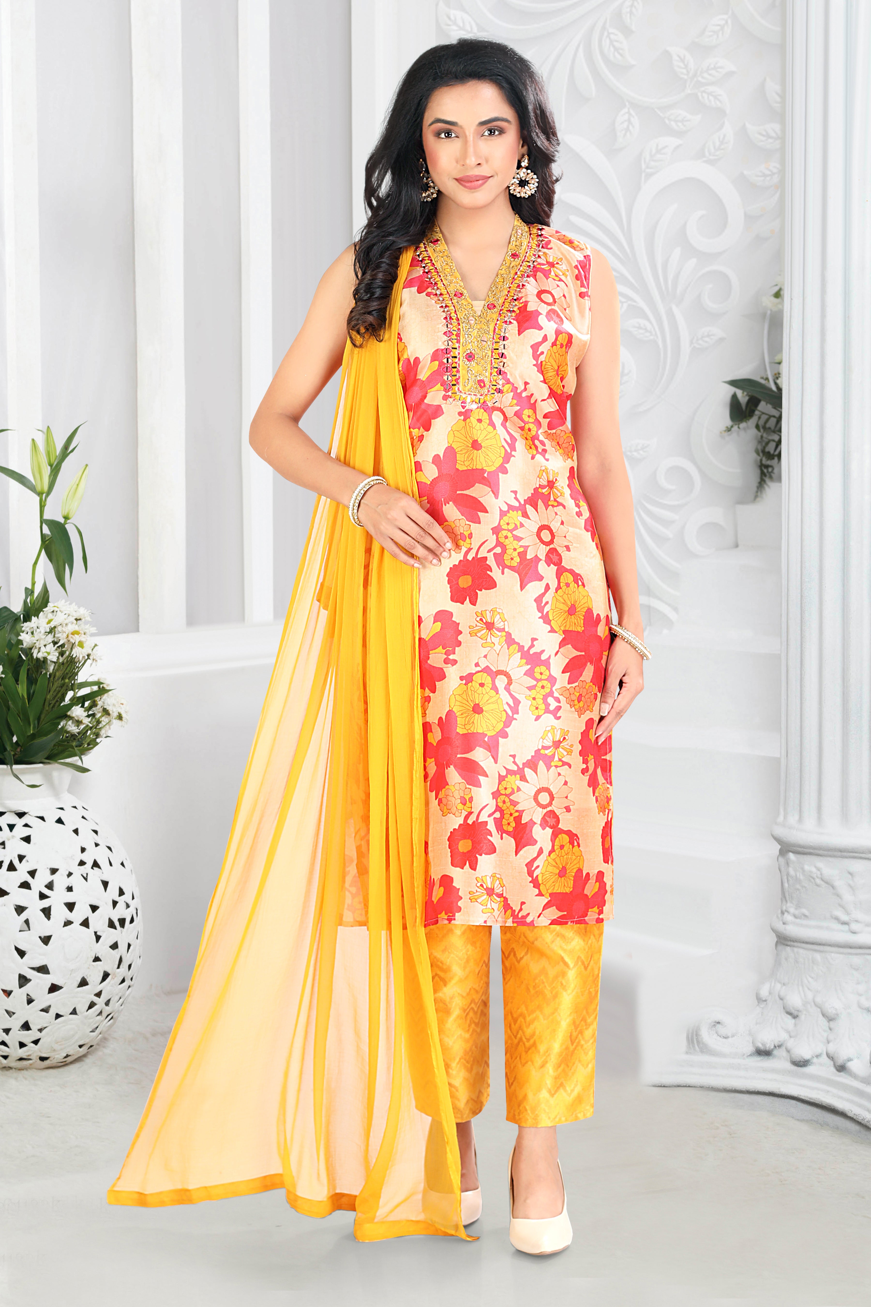 Vibrant Floral Printed Silk Blend Straight Suit With Dupatta