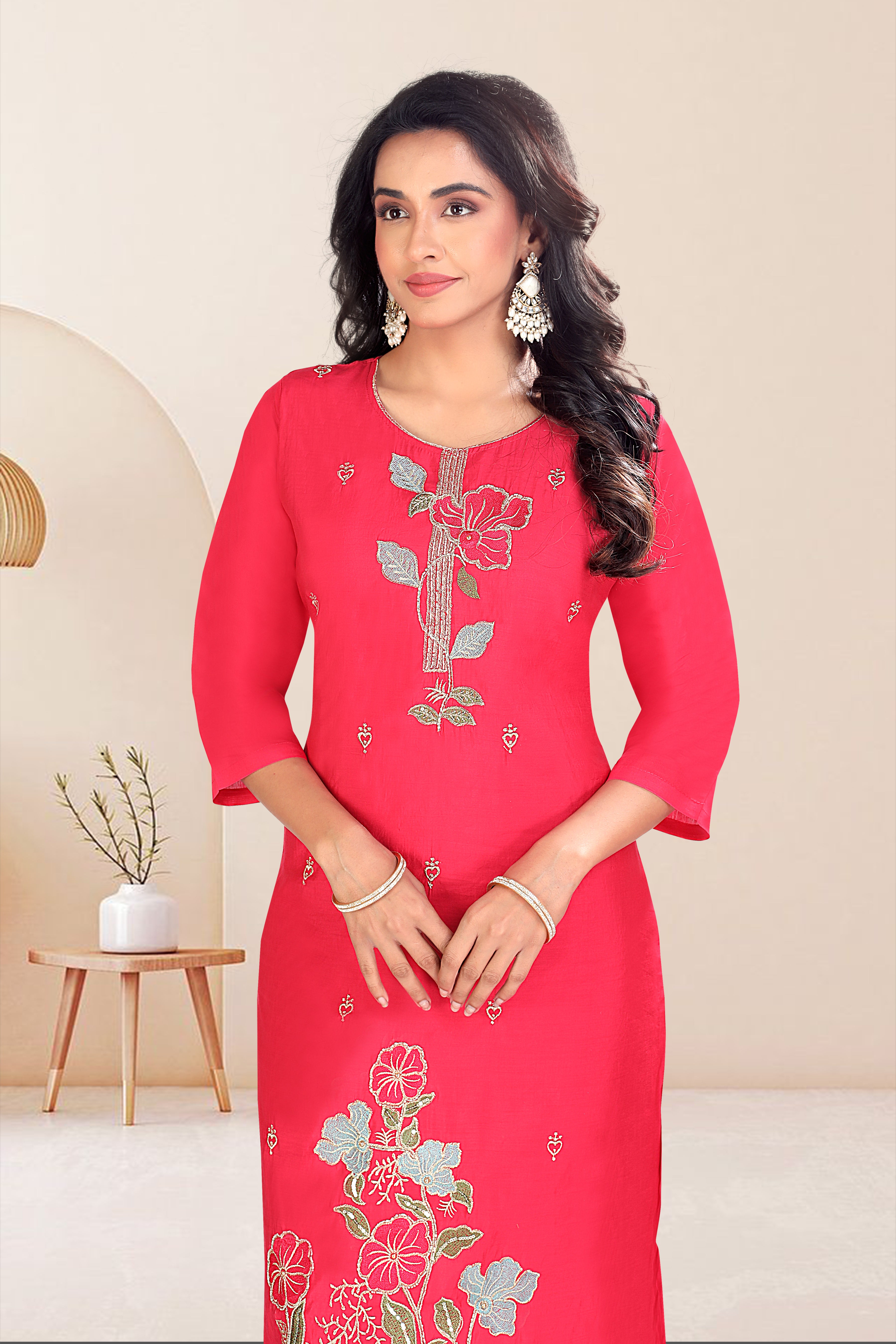 Reddish-Pink Embroidered Roman Silk Straight Suit With Dupatta