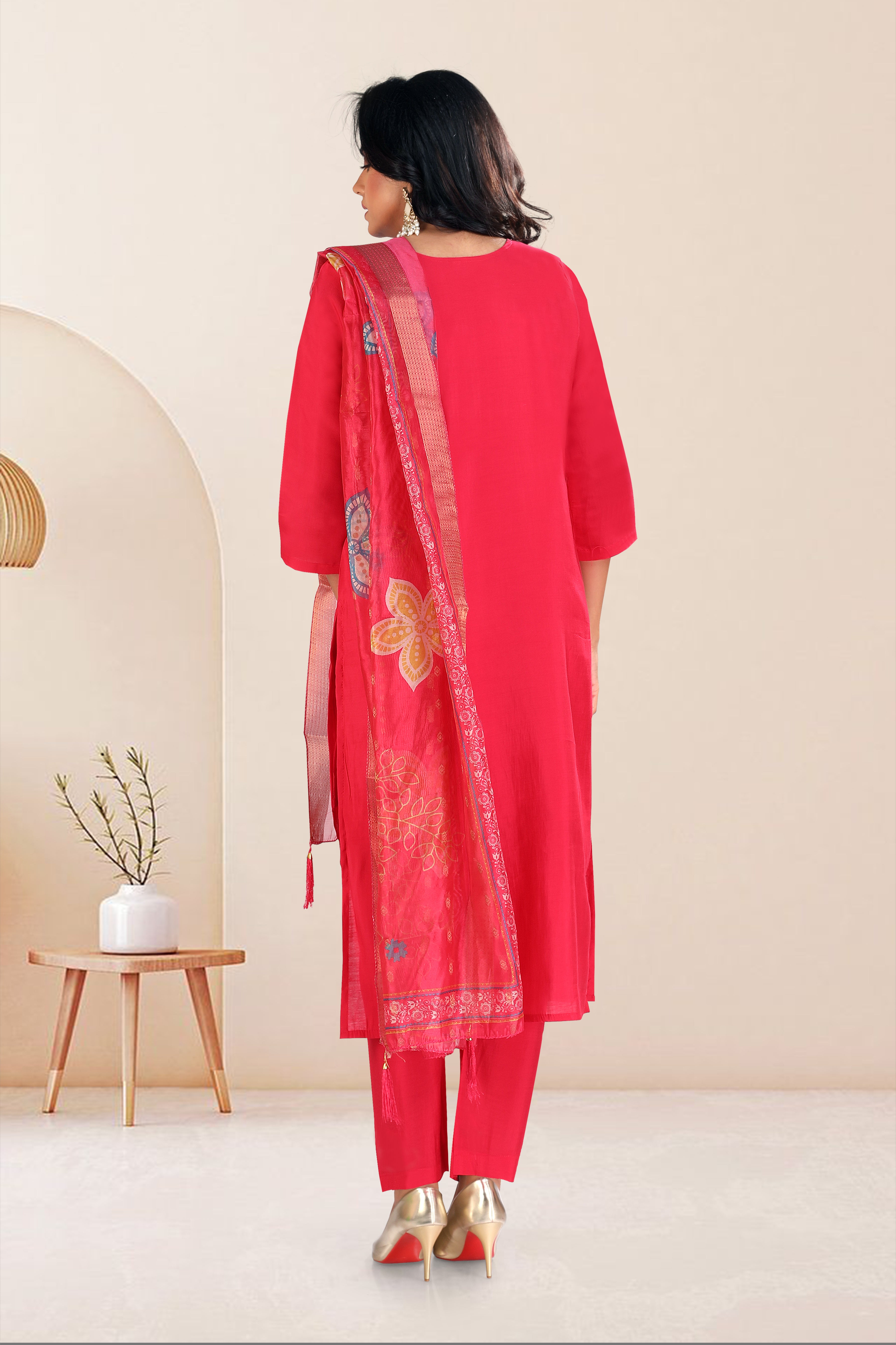 Reddish-Pink Embroidered Roman Silk Straight Suit With Dupatta