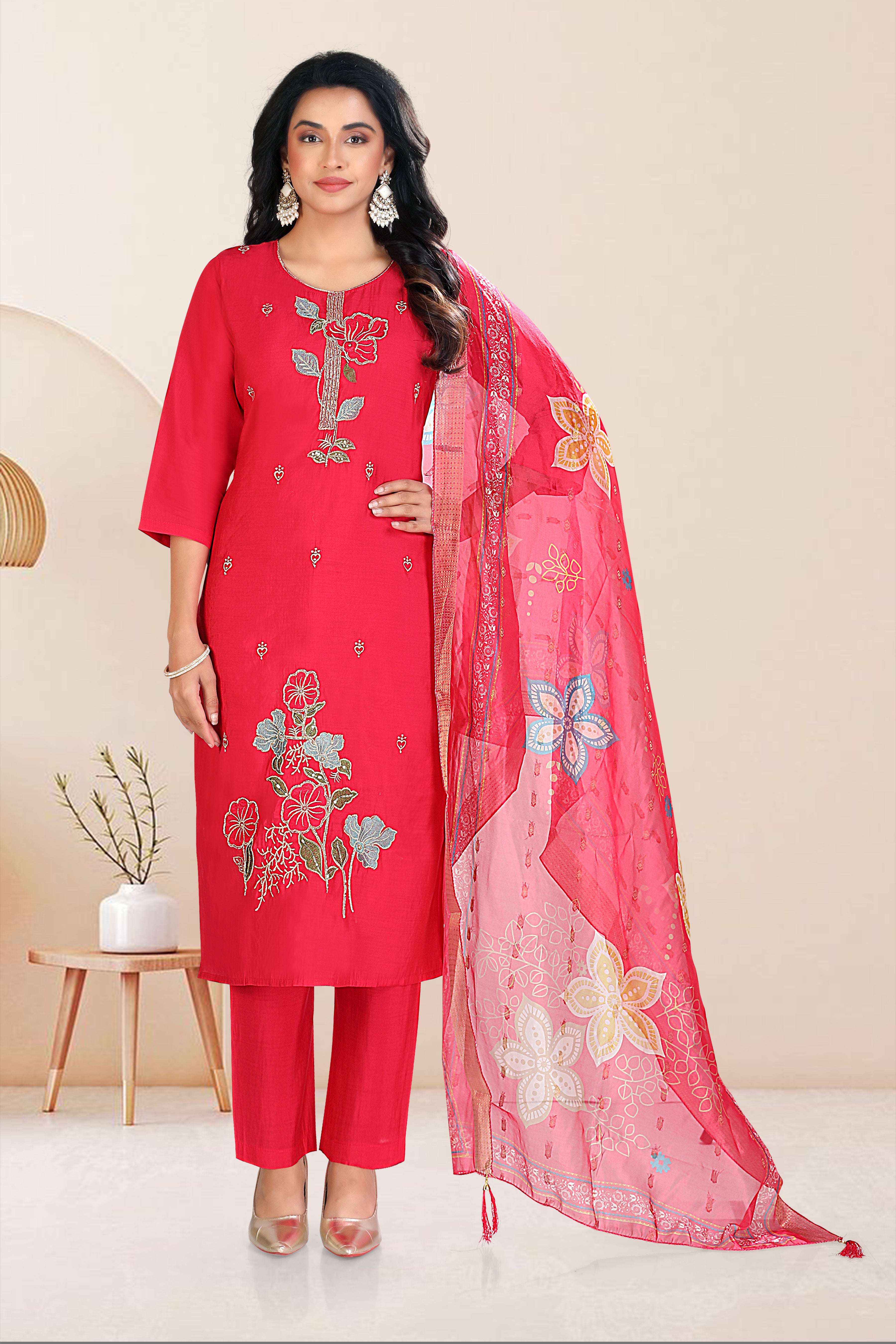 Reddish-Pink Embroidered Roman Silk Straight Suit With Dupatta