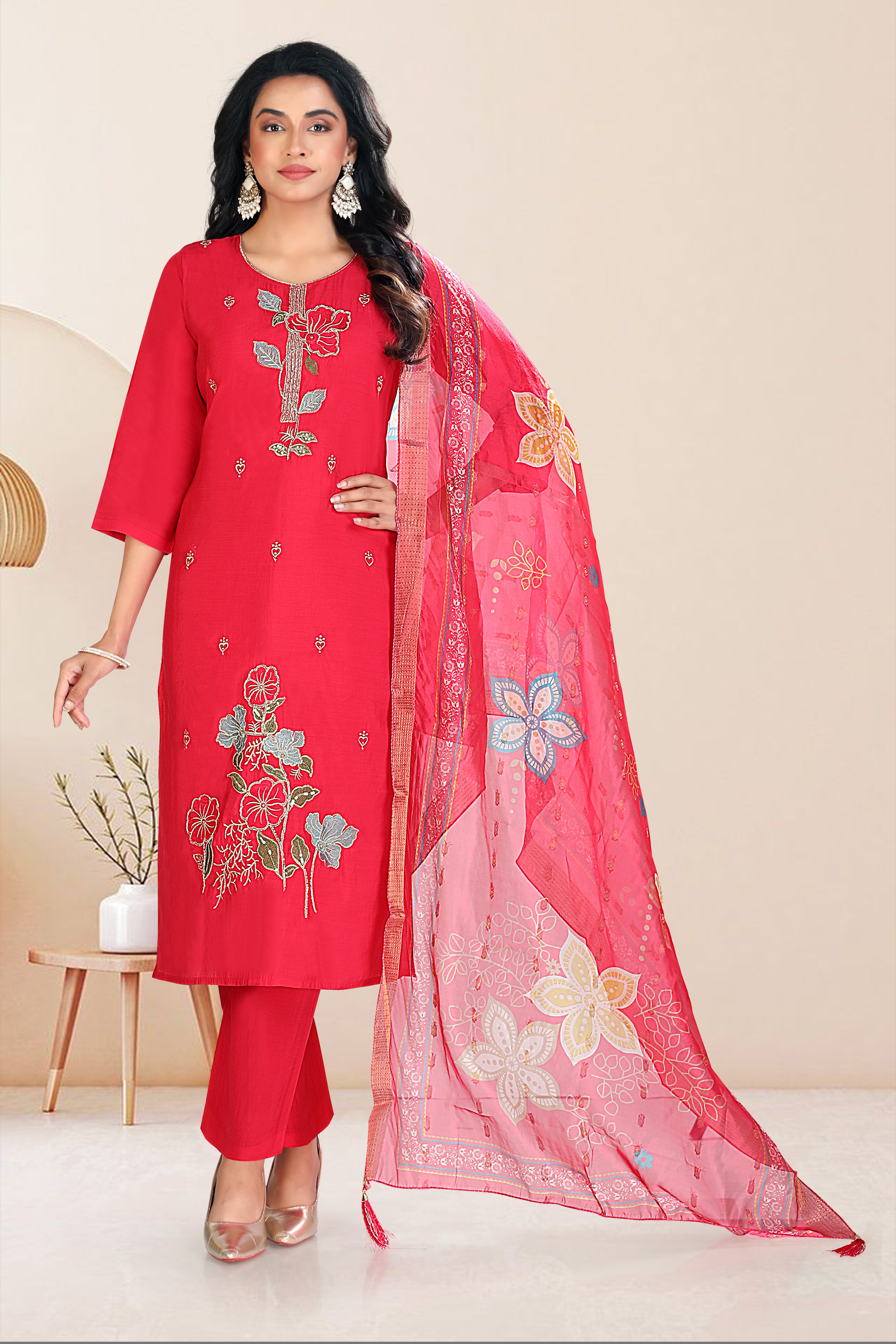 Reddish-Pink Embroidered Roman Silk Straight Suit With Dupatta