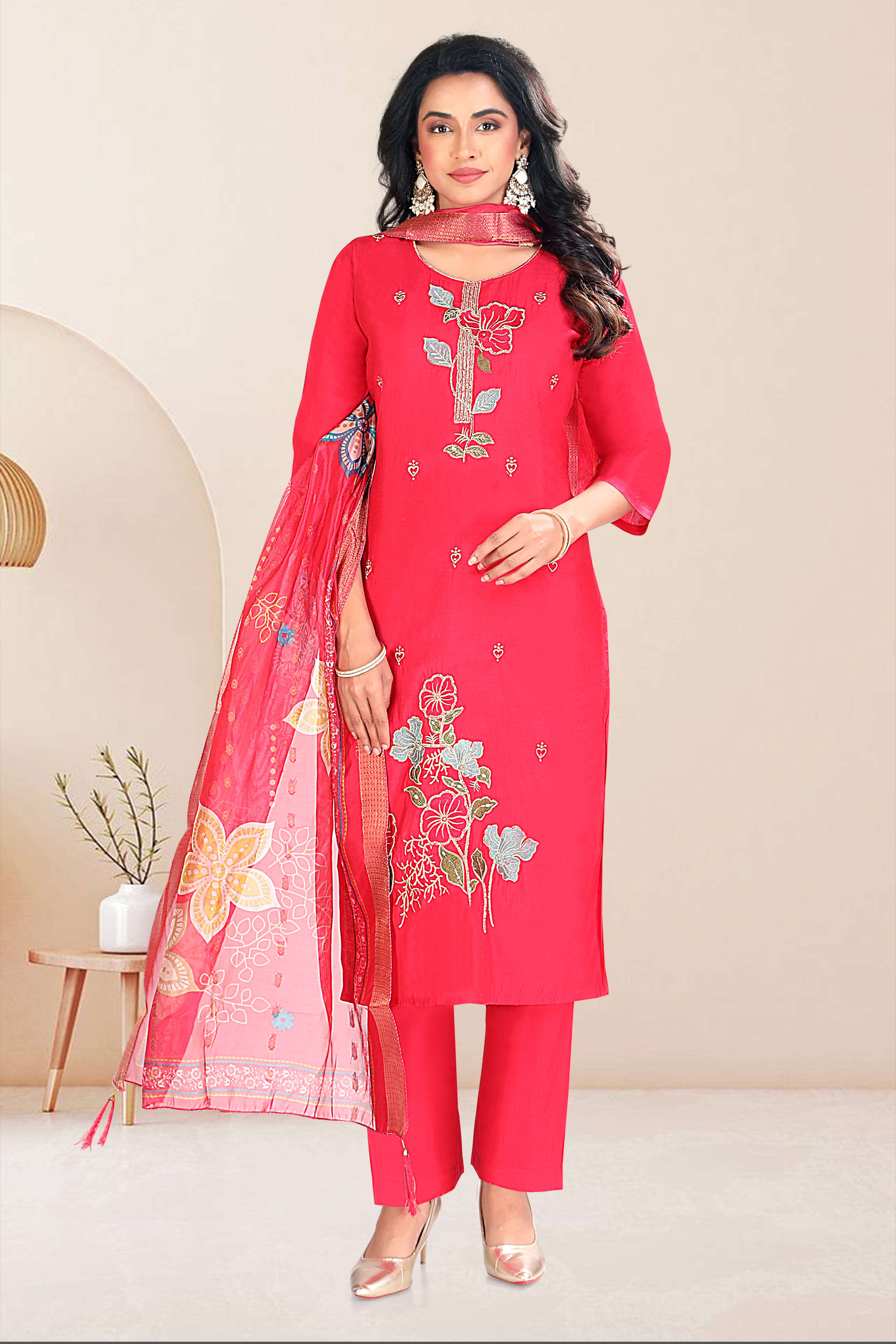 Reddish-Pink Embroidered Roman Silk Straight Suit With Dupatta