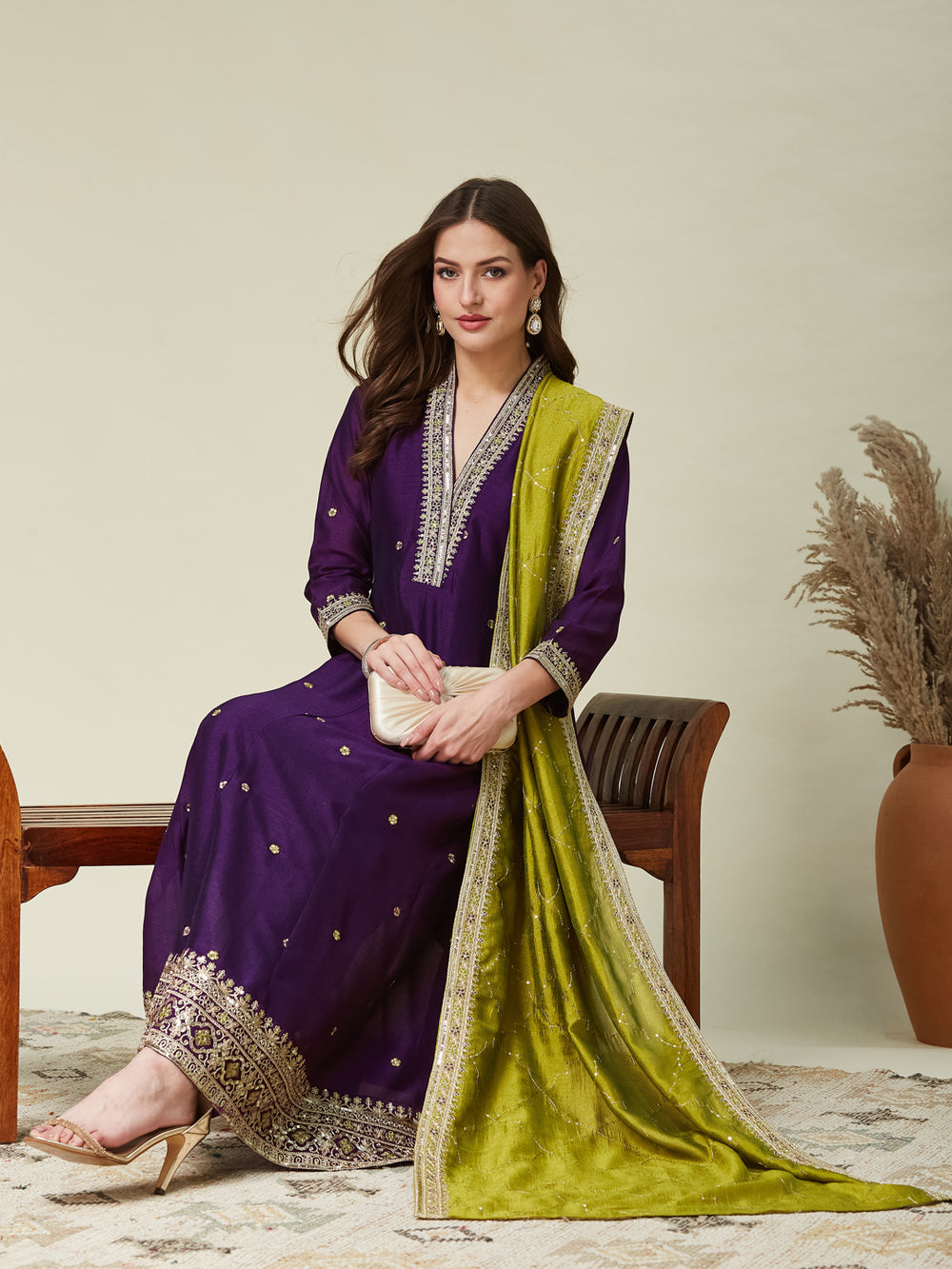 Violet Embroidered Silk Anarkali Kurta With Dupatta Set
