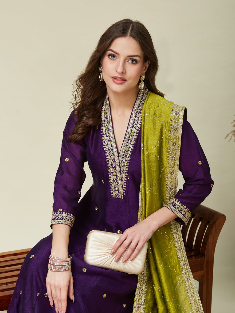 Violet Embroidered Silk Anarkali Kurta With Dupatta Set