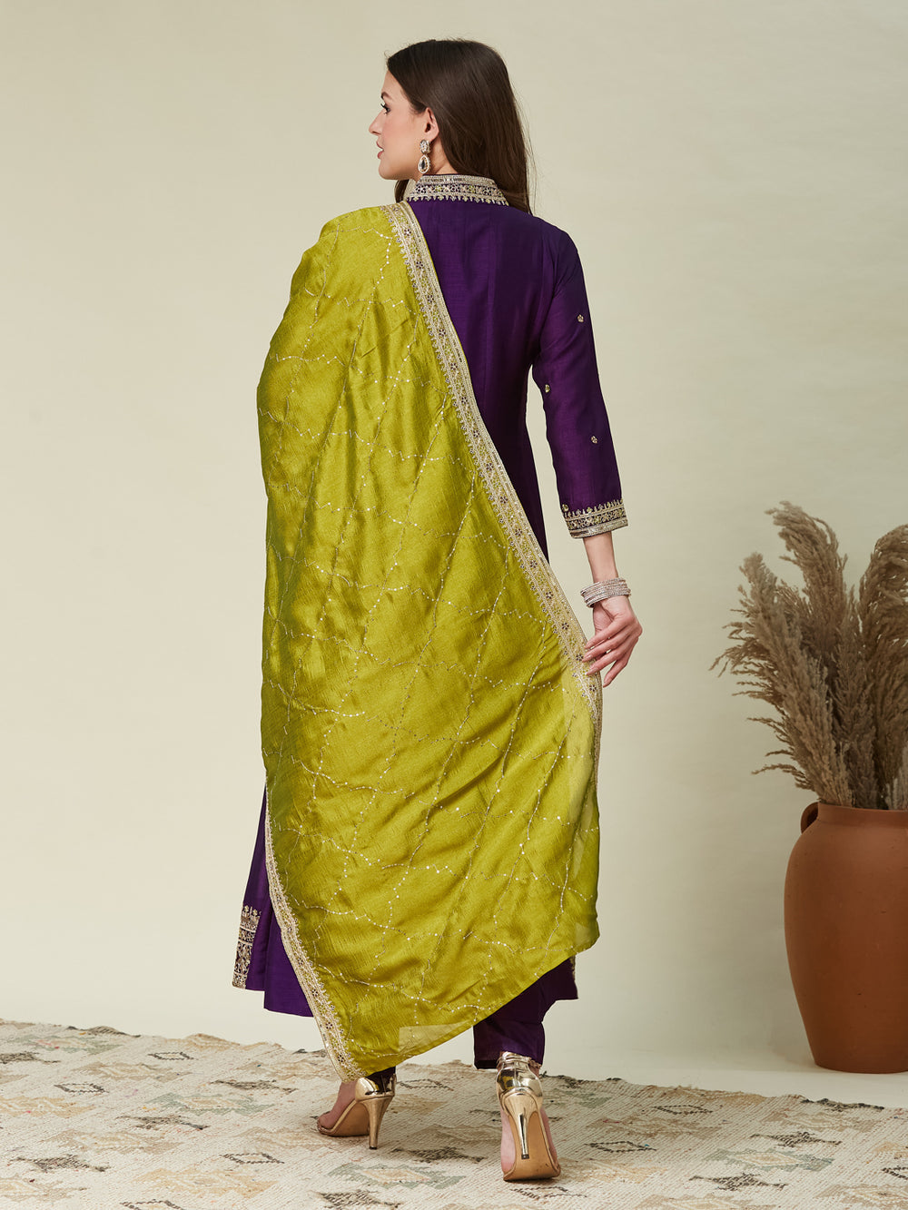 Violet Embroidered Silk Anarkali Kurta With Dupatta Set