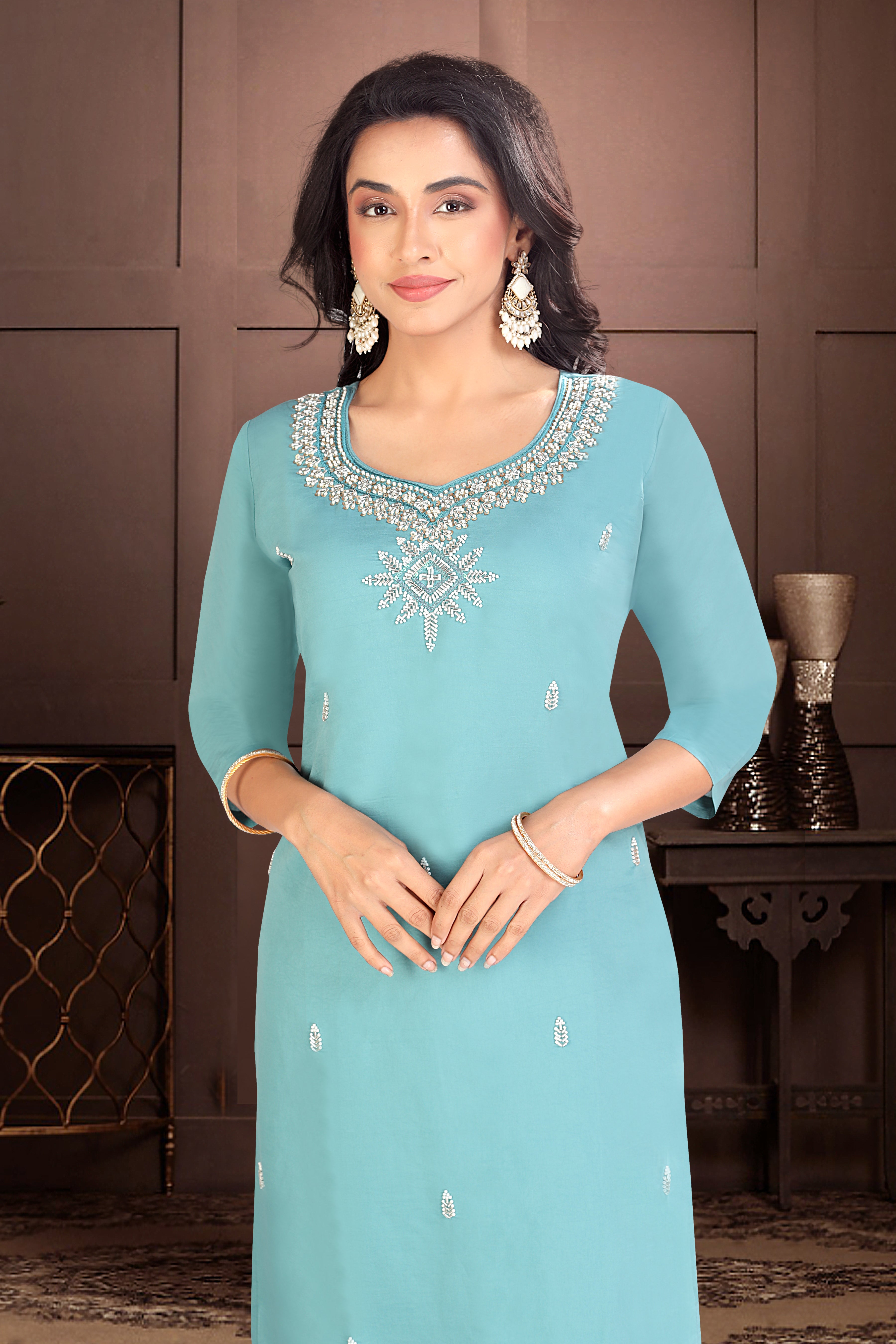 Sky Blue Embroidered Silk Blend Straight Suit With Dupatta