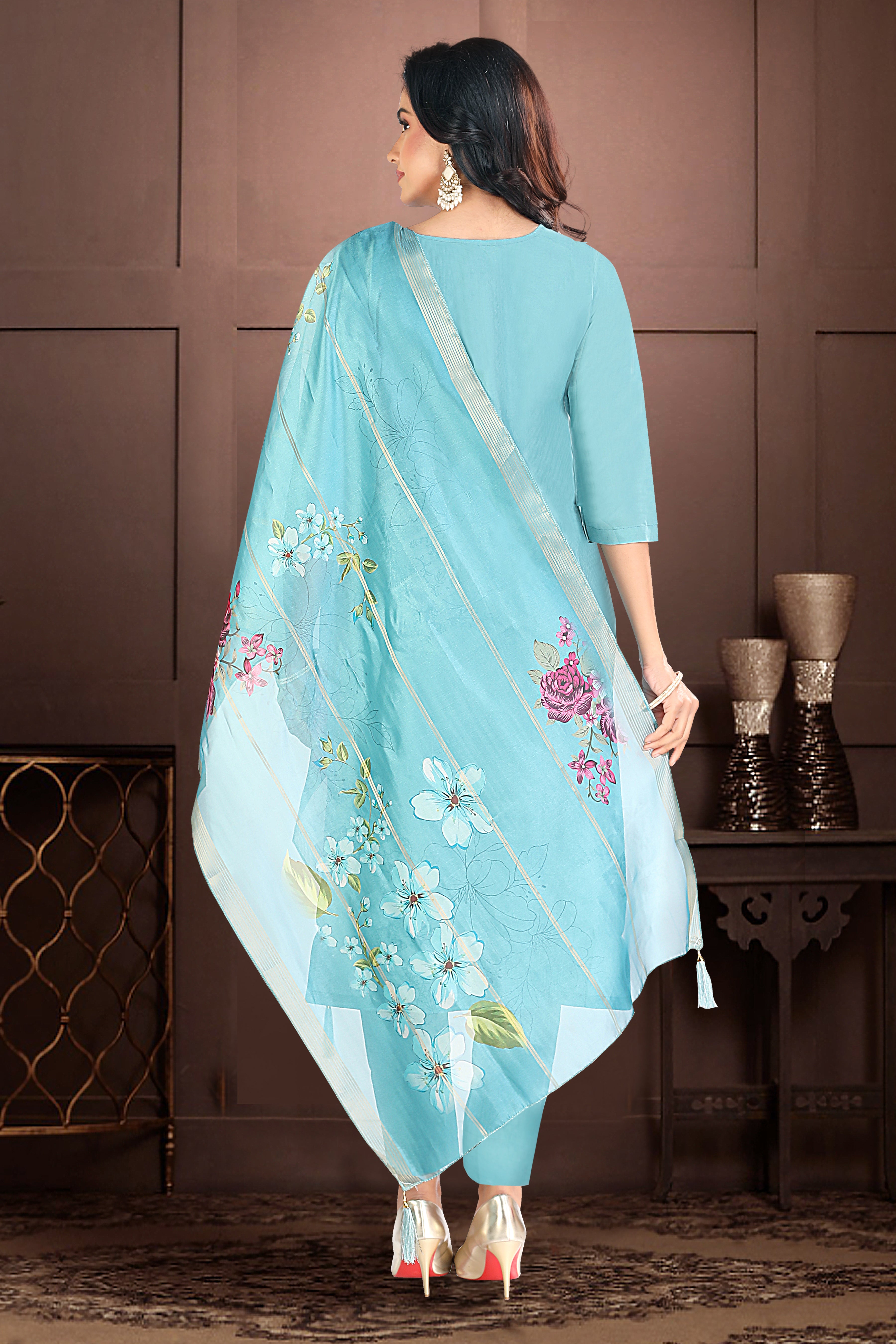 Sky Blue Embroidered Silk Blend Straight Suit With Dupatta