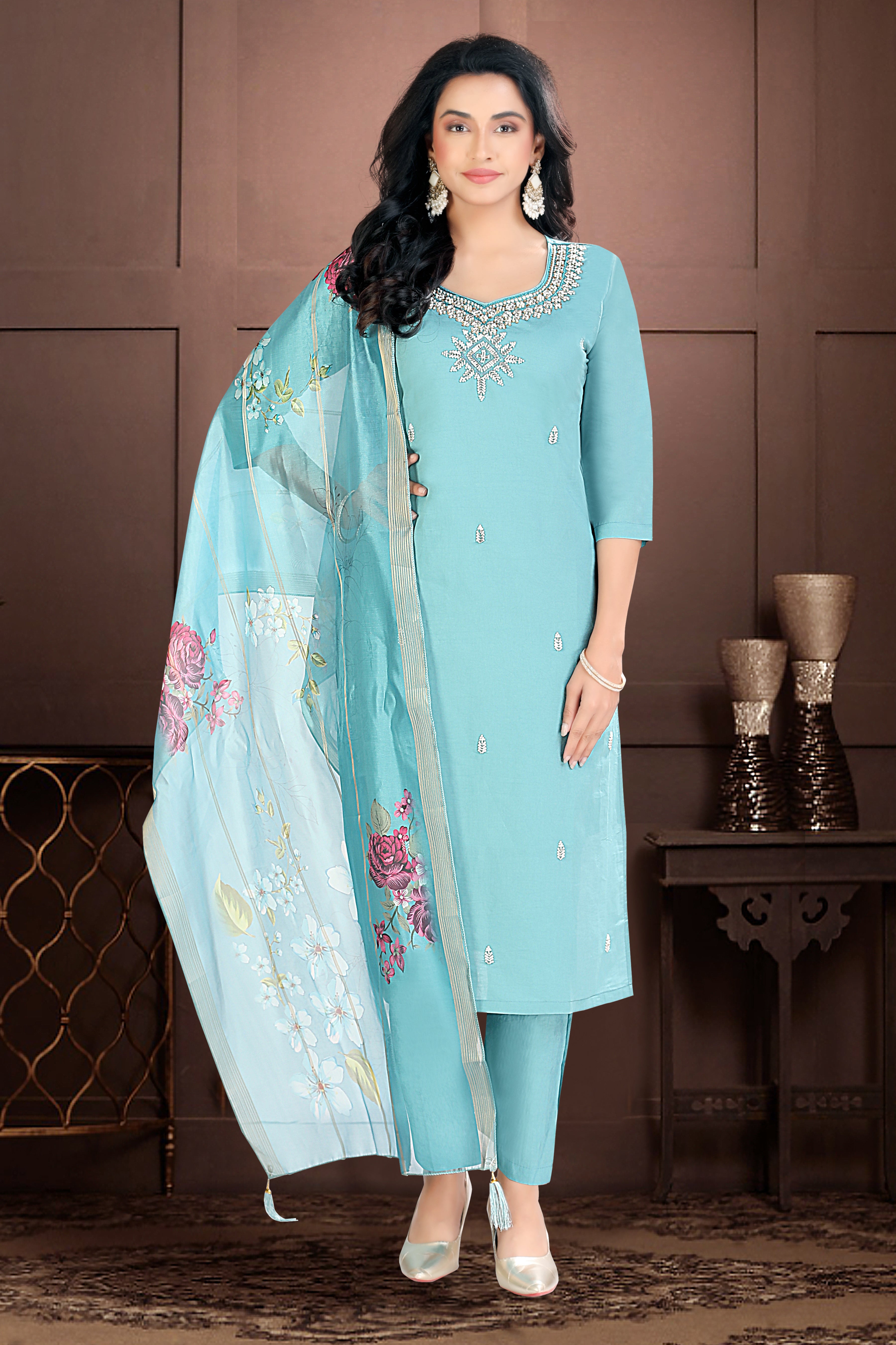 Sky Blue Embroidered Silk Blend Straight Suit With Dupatta