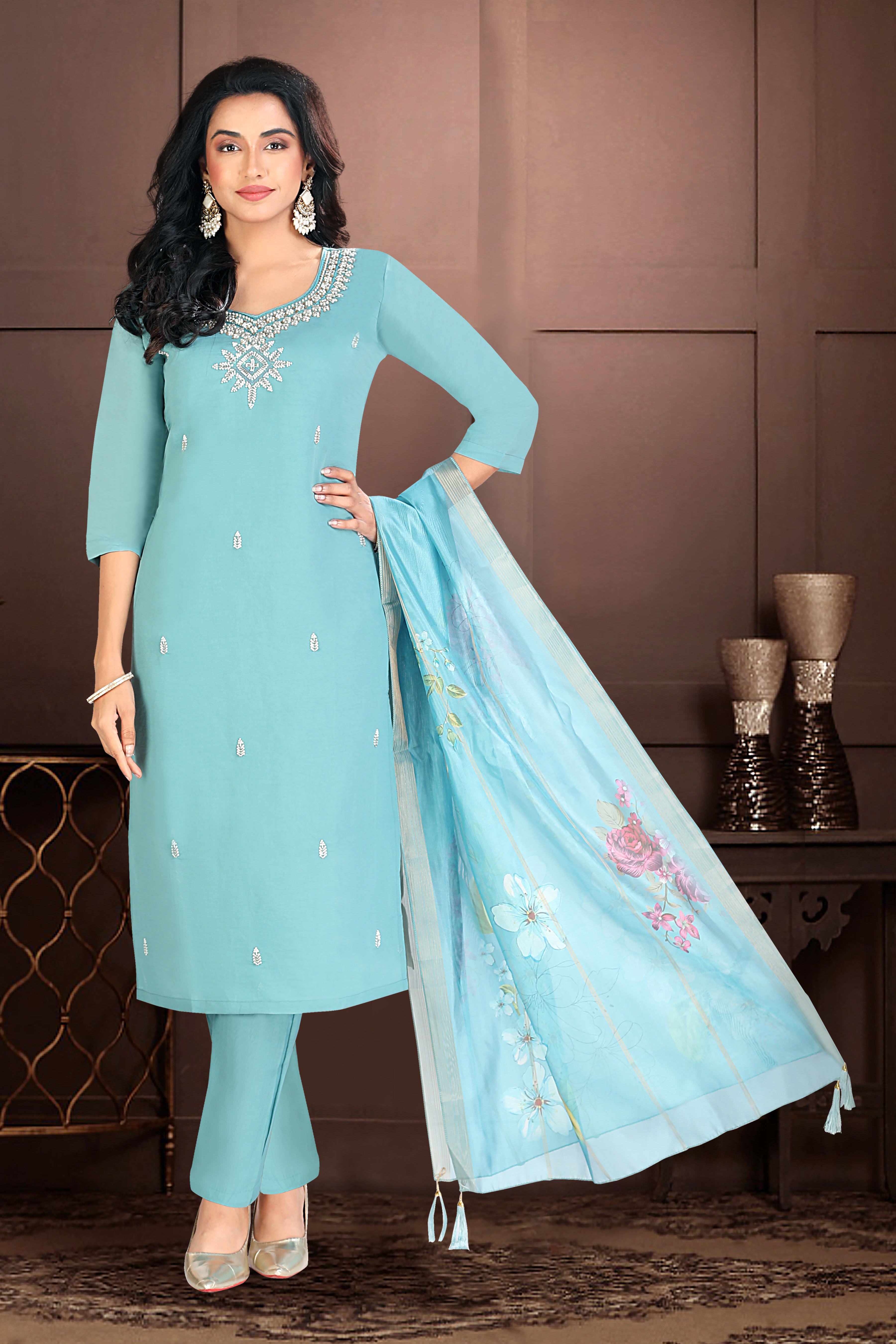 Sky Blue Embroidered Silk Blend Straight Suit With Dupatta