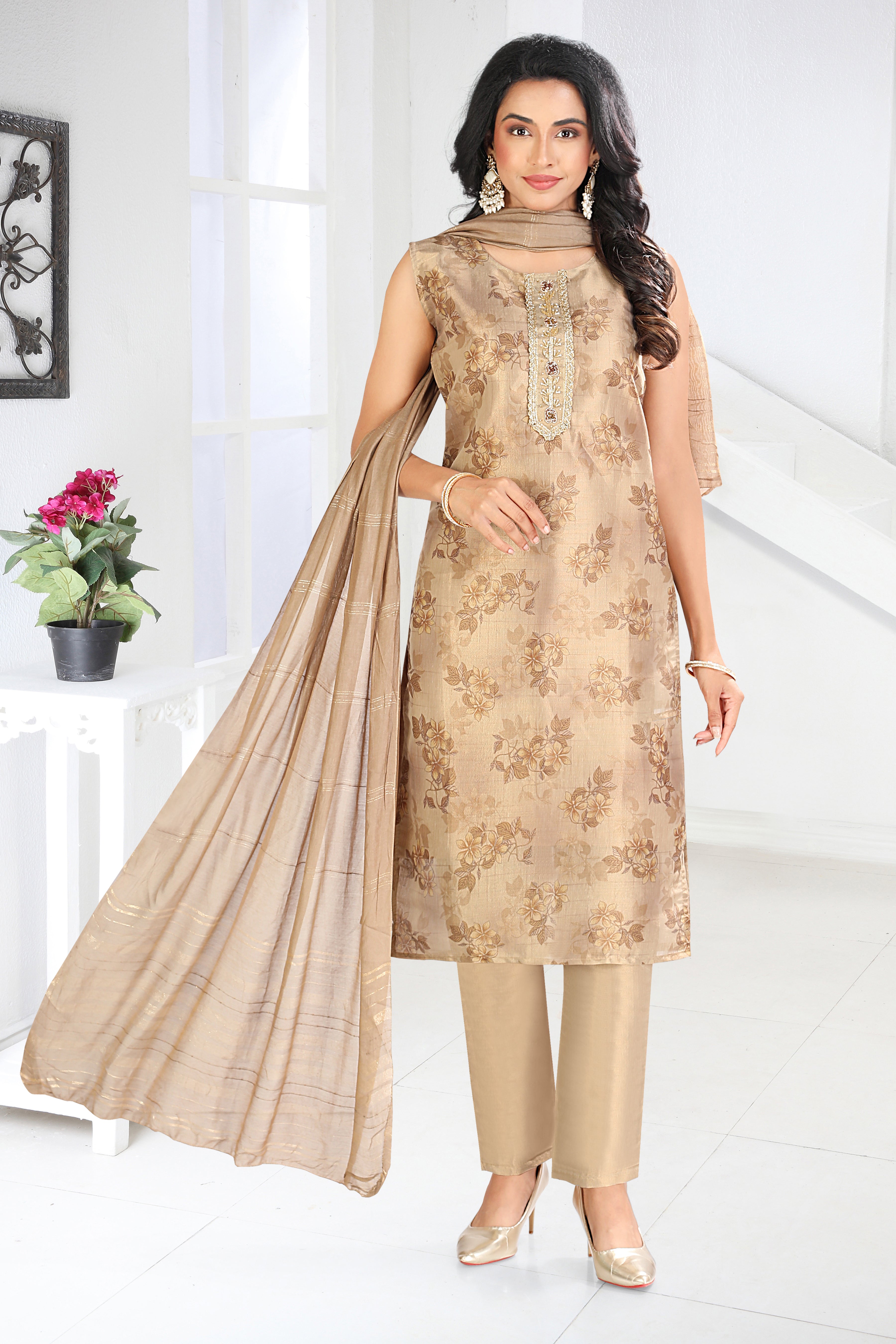 Golden Aura Printed Silk Blend Straight Suit With Dupatta