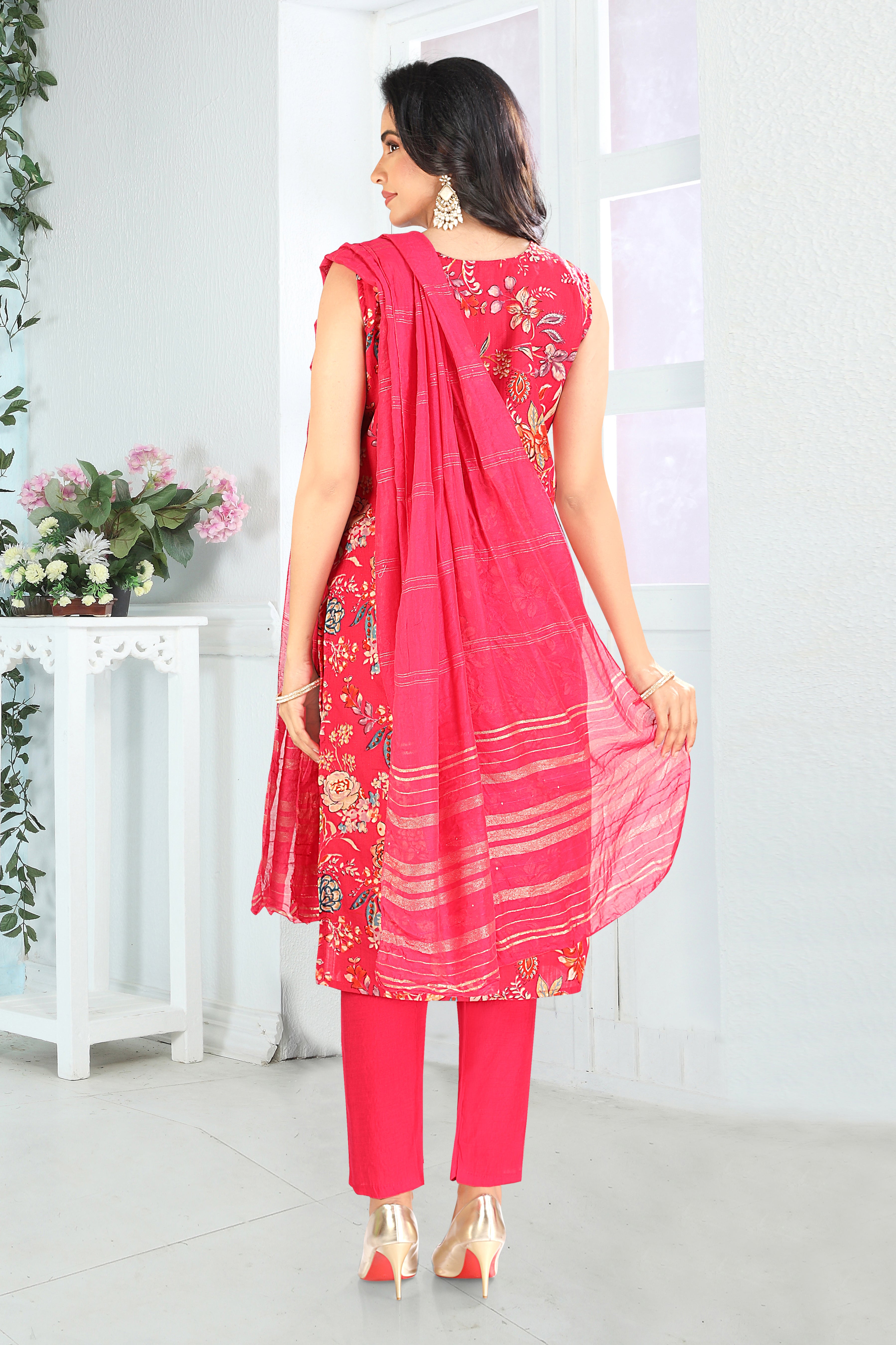 Rani Pink Printed Silk Blend Straight Suit With Dupatta