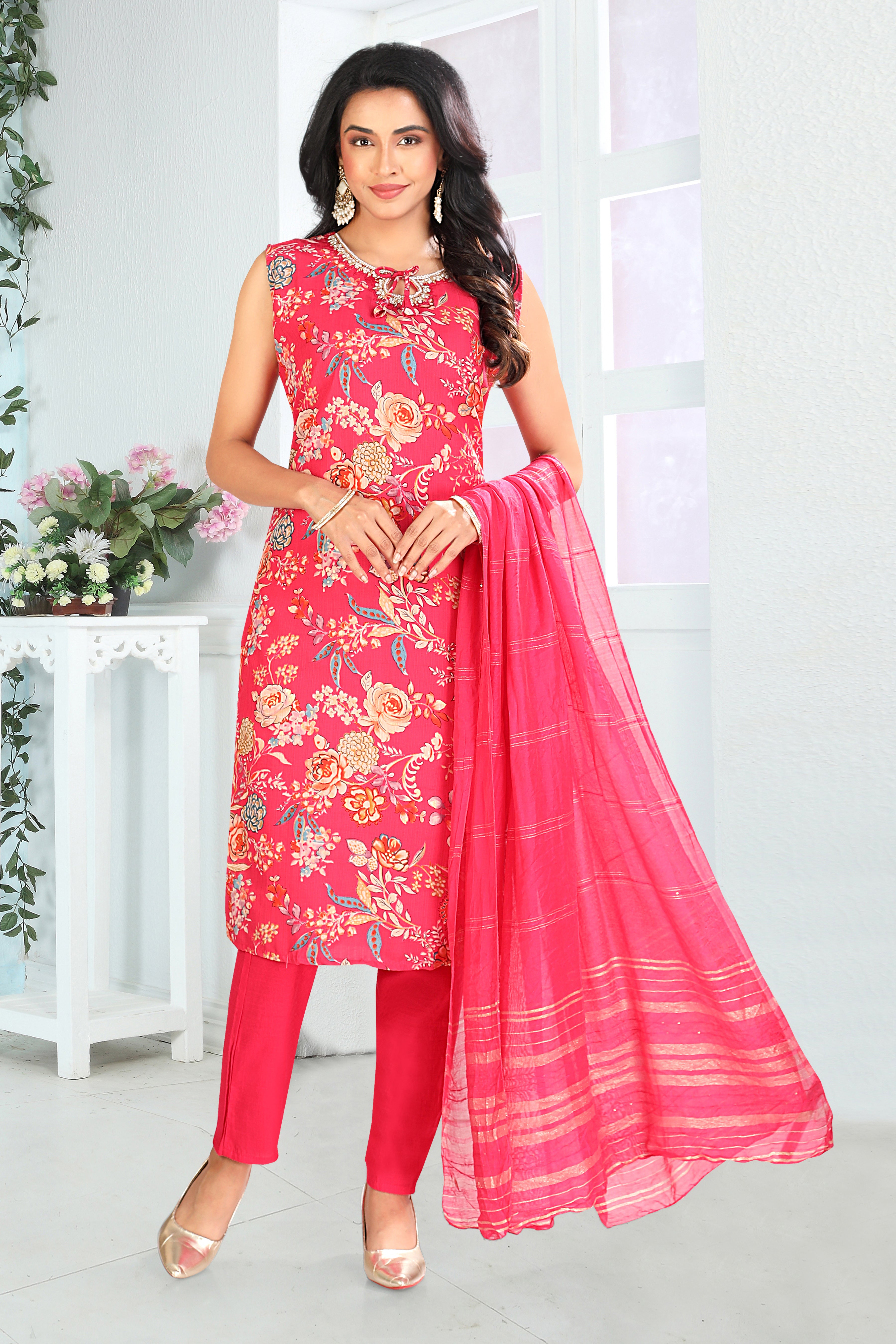 Rani Pink Printed Silk Blend Straight Suit With Dupatta