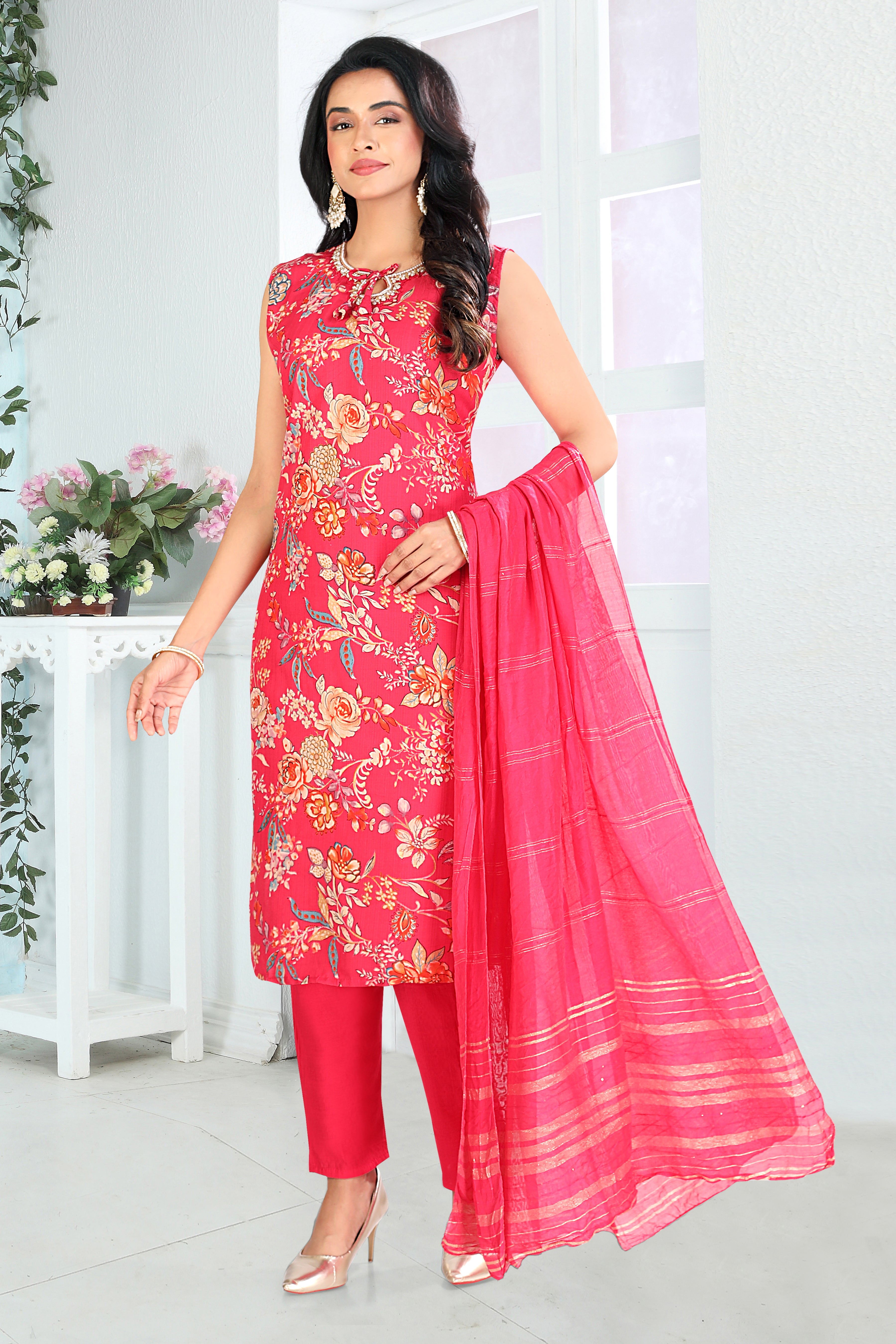 Rani Pink Printed Silk Blend Straight Suit With Dupatta