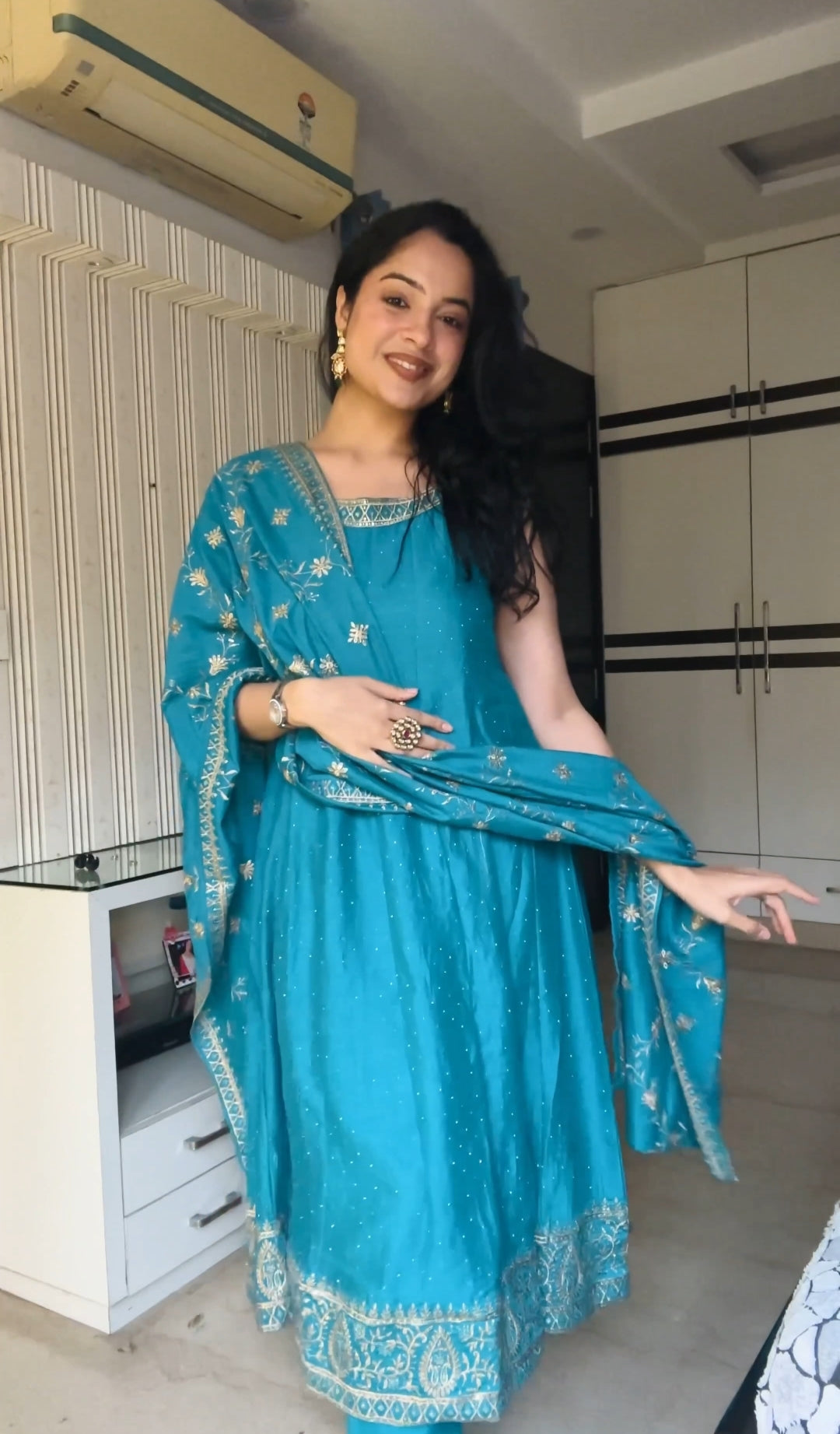 Peacock Blue Embroidered Silk Anarkali Kurta With Dupatta Set