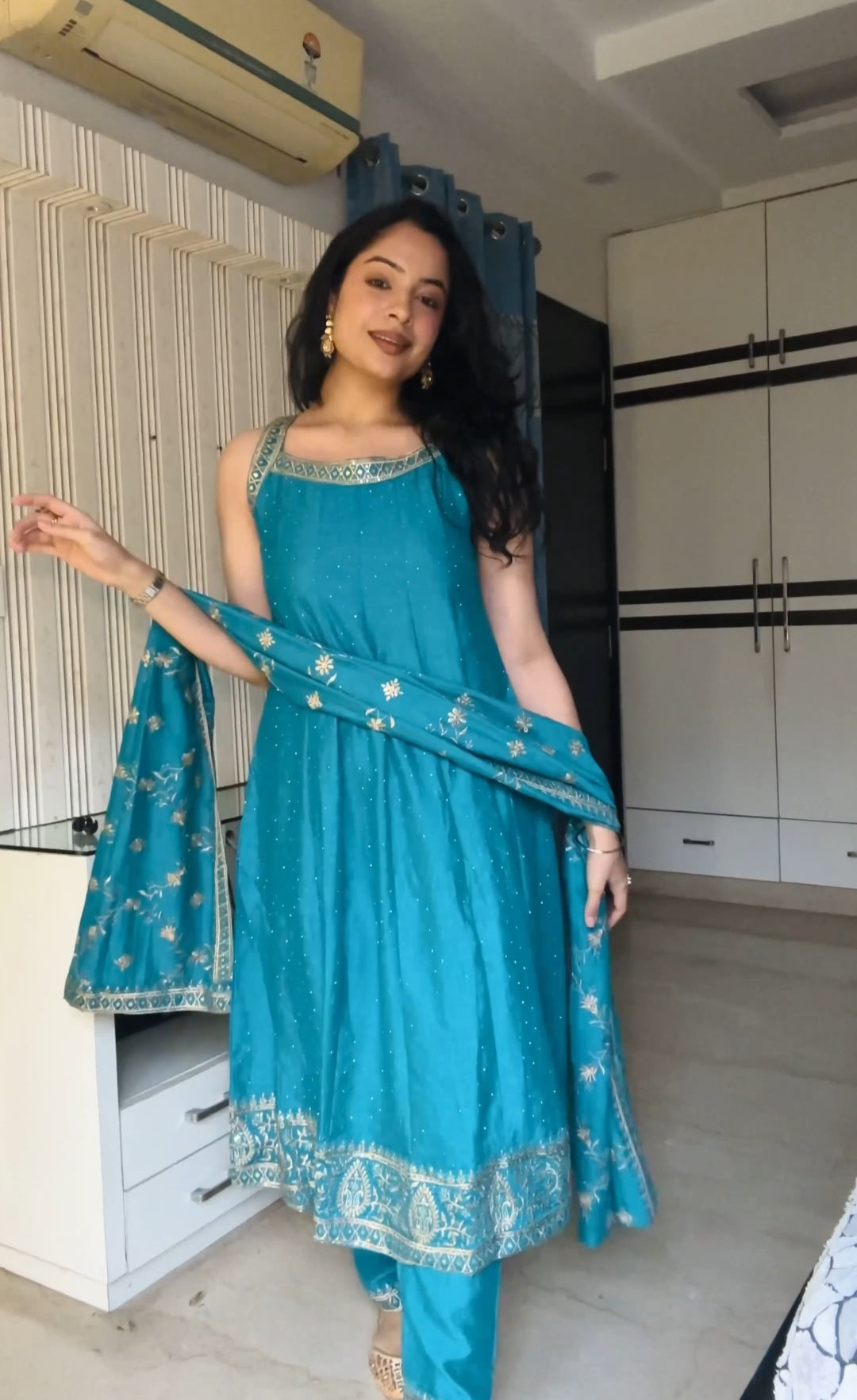 Peacock Blue Embroidered Silk Anarkali Kurta With Dupatta Set