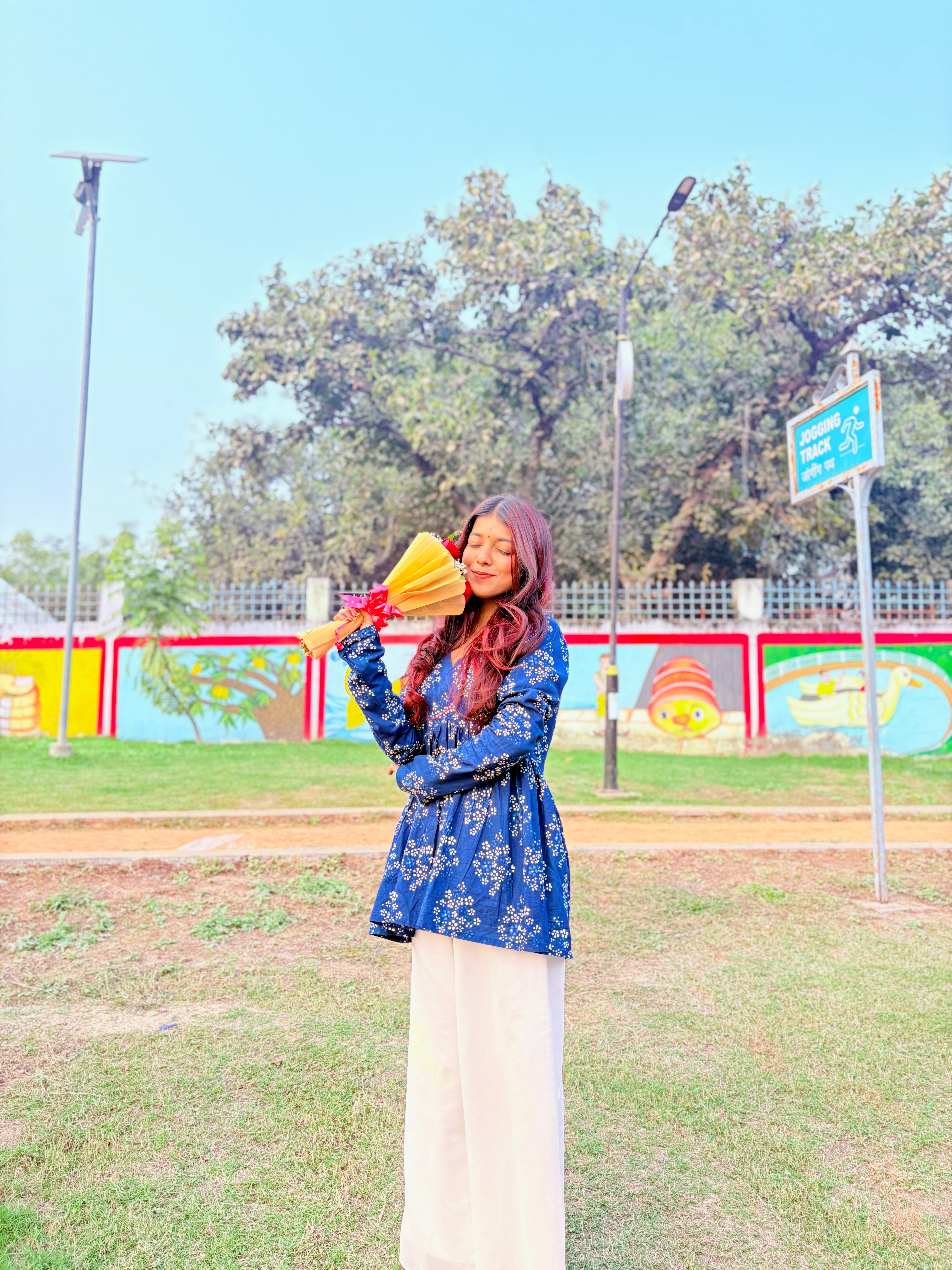 Blue Floral Printed V Neck Cotton Top