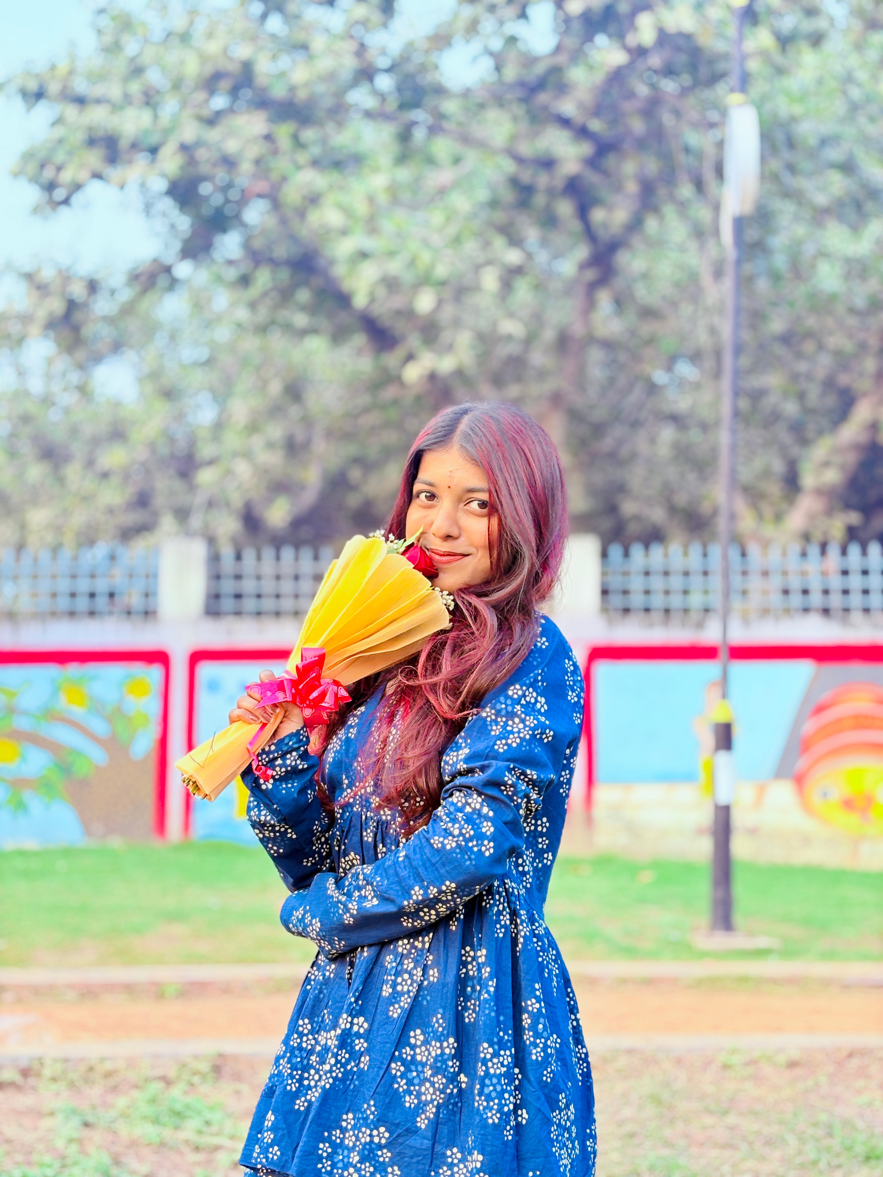 Blue Floral Printed V Neck Cotton Top