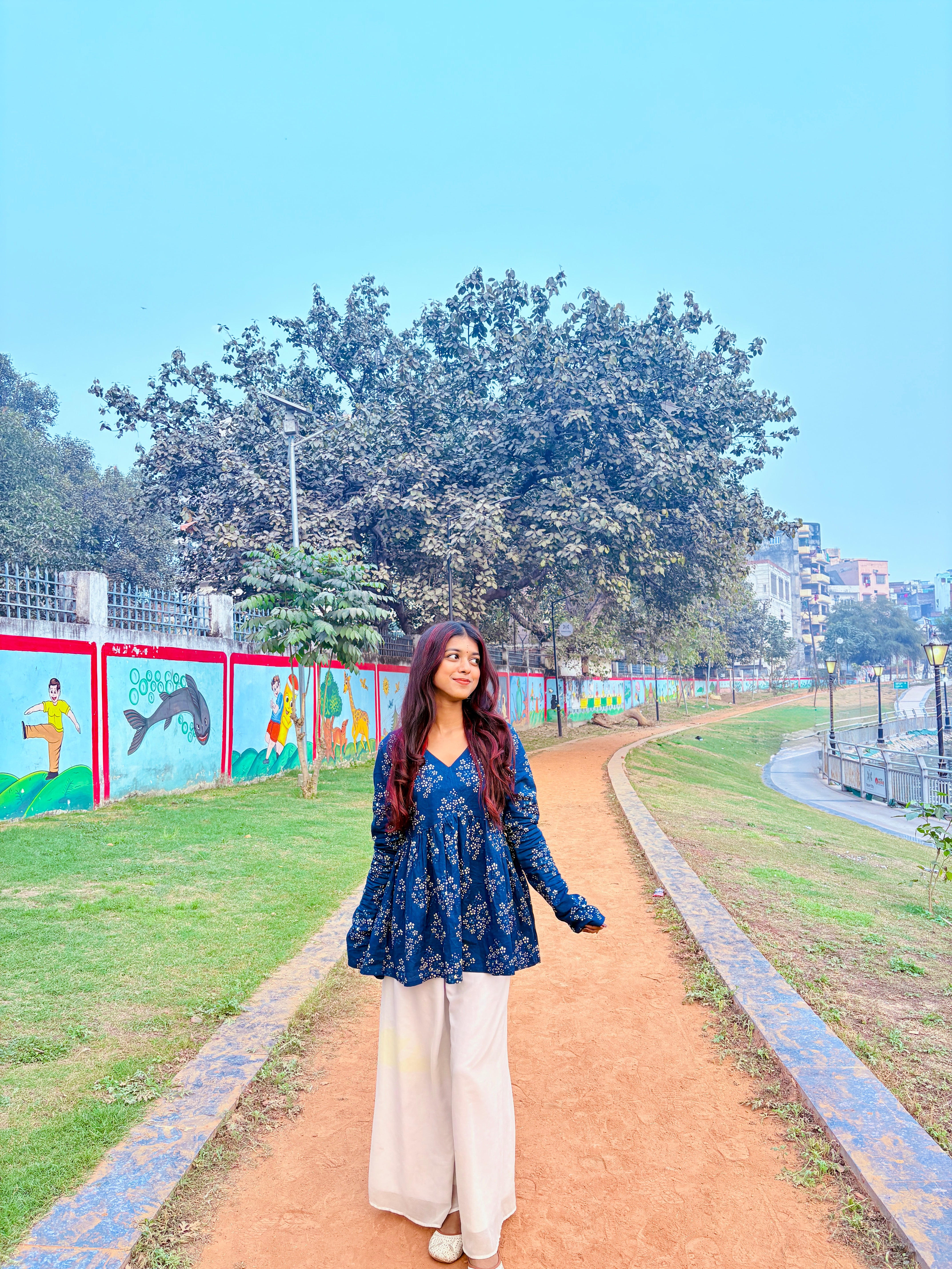 Blue Floral Printed V Neck Cotton Top