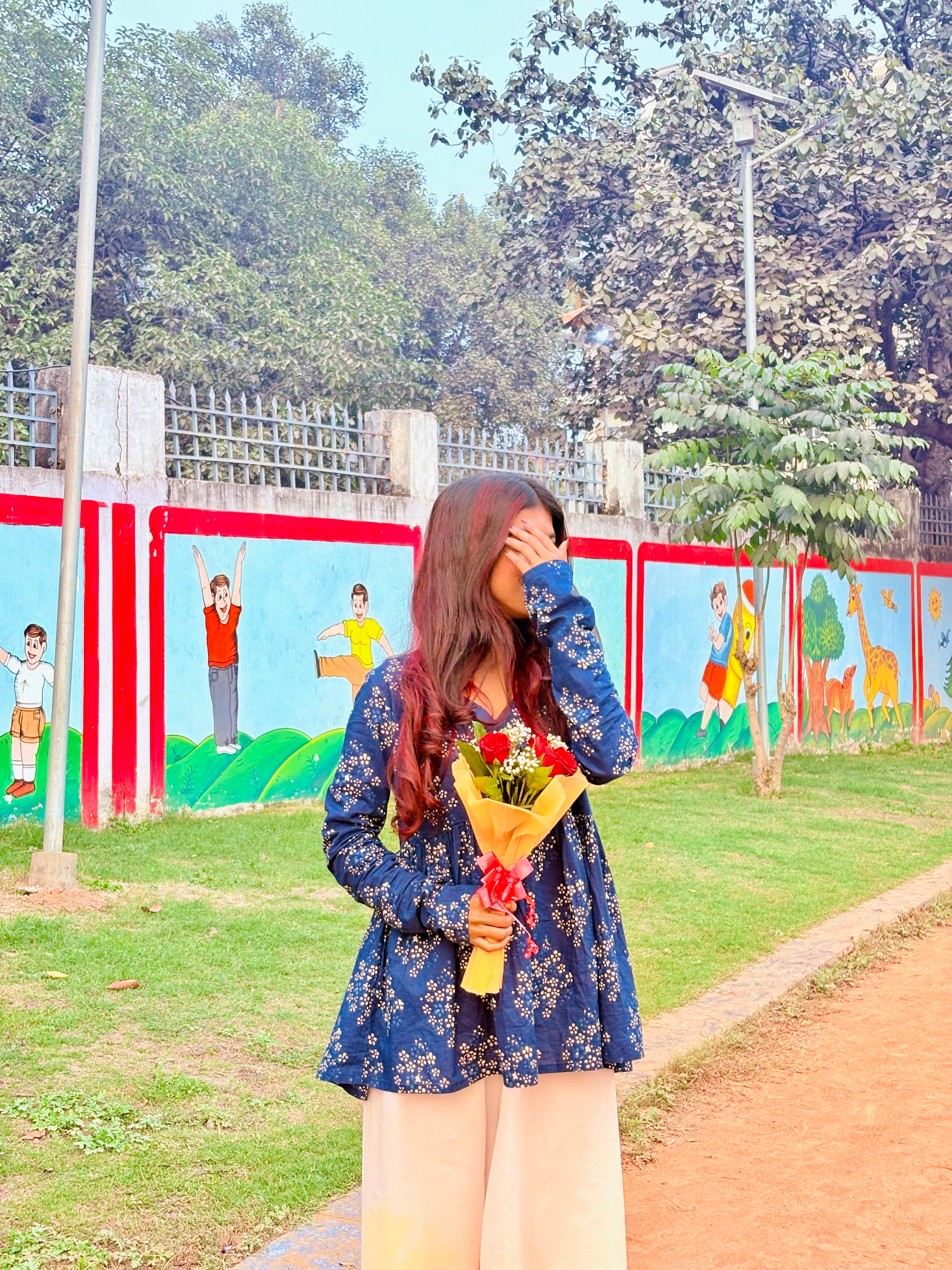 Blue Floral Printed V Neck Cotton Top