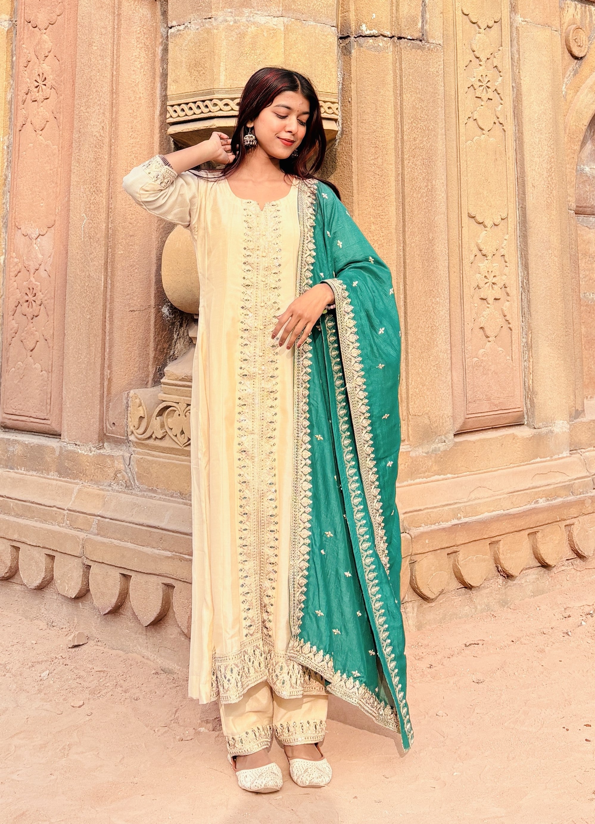 Beige Embroidered Silk Anarkali Kurta With Dupatta Set