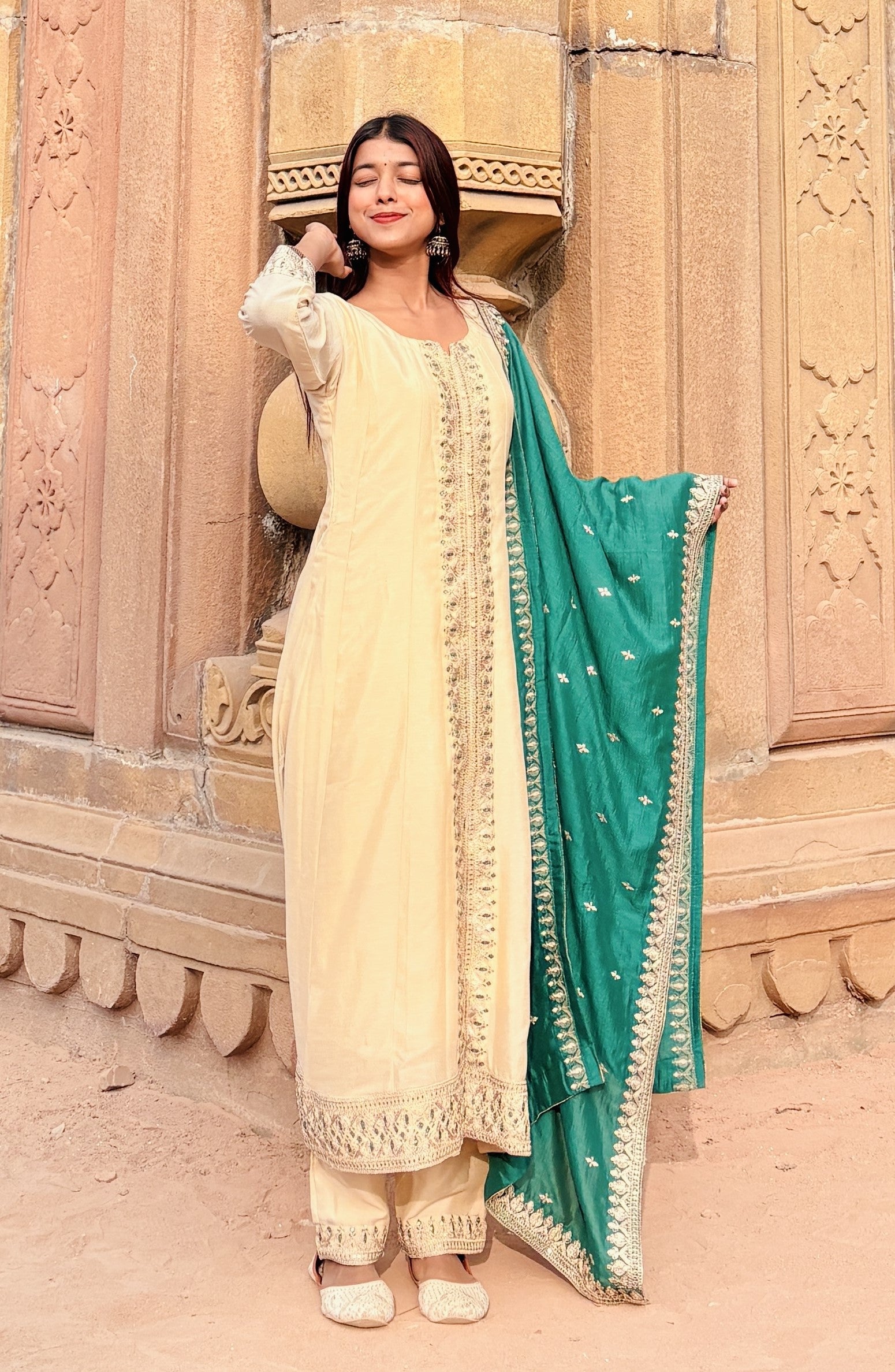 Beige Embroidered Silk Anarkali Kurta With Dupatta Set