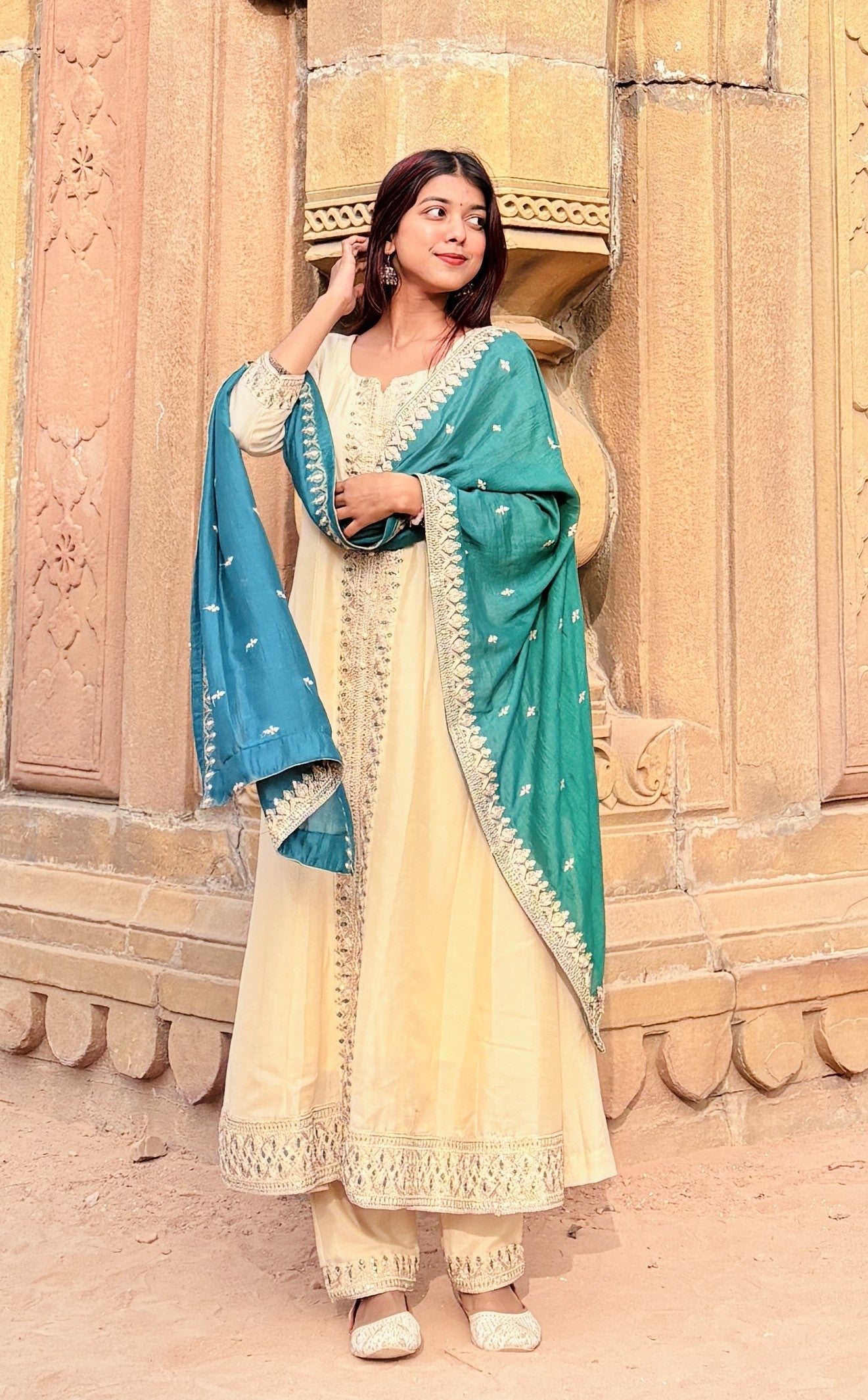 Beige Embroidered Silk Anarkali Kurta With Dupatta Set