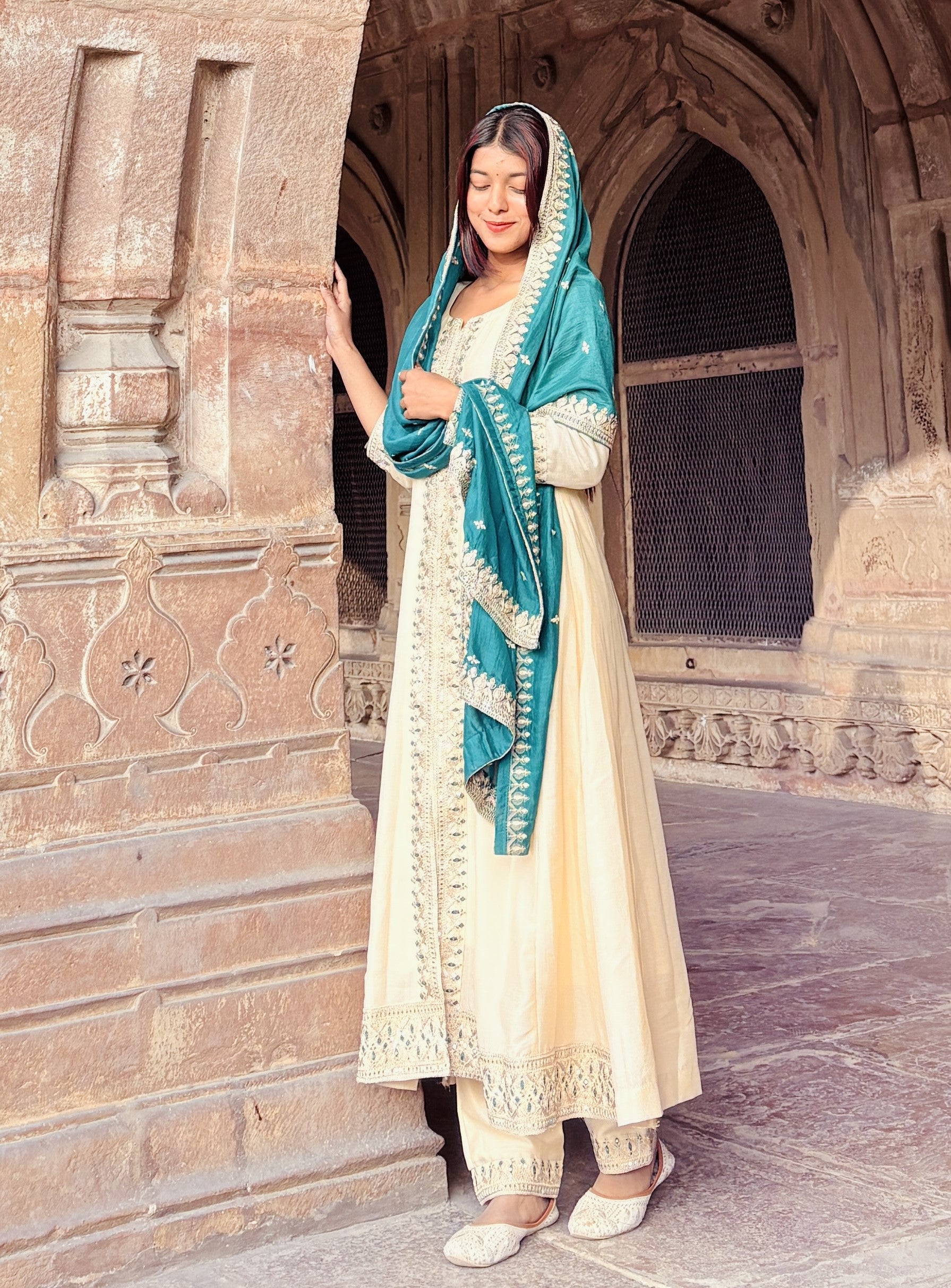 Beige Embroidered Silk Anarkali Kurta With Dupatta Set