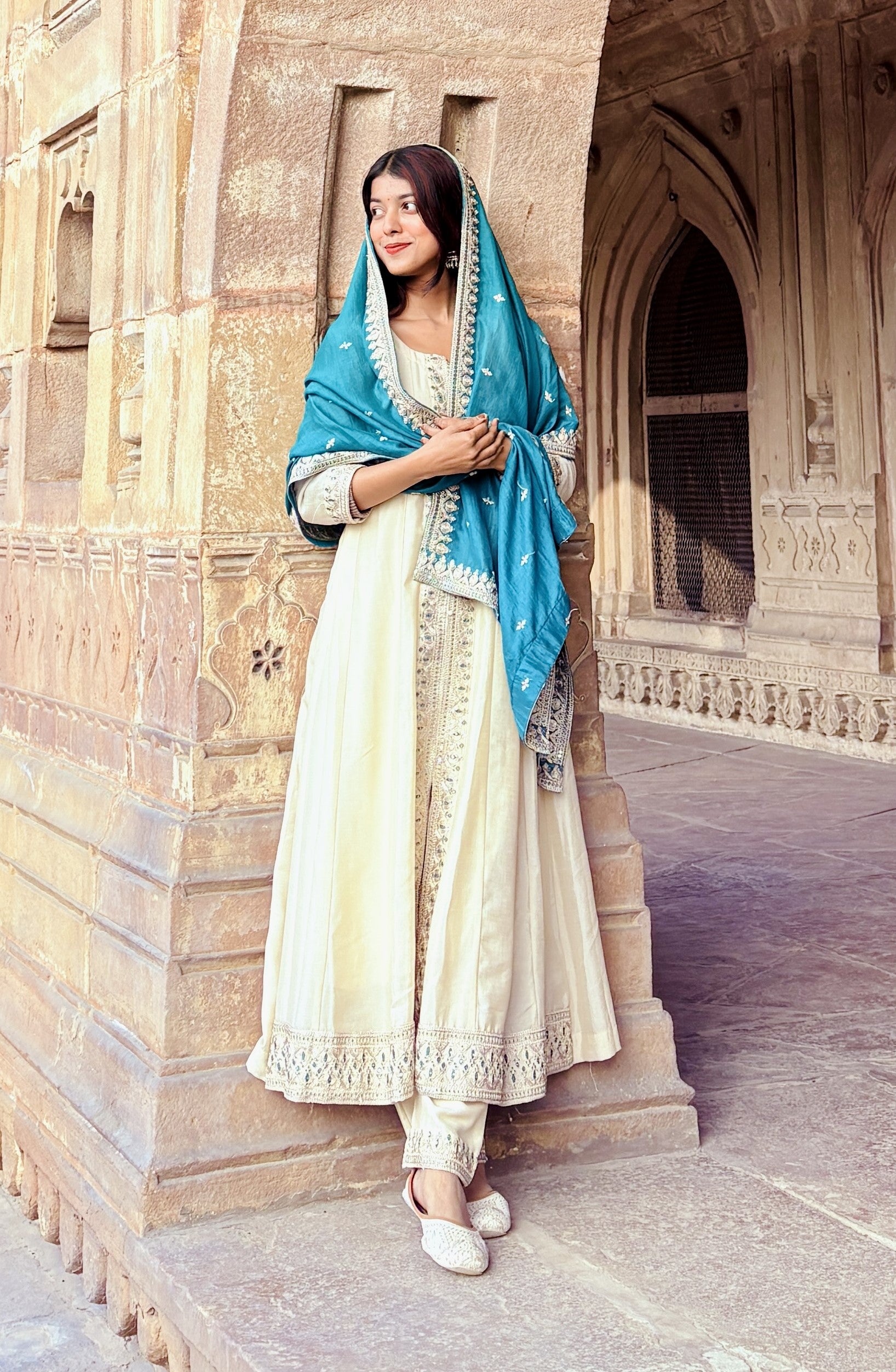 Beige Embroidered Silk Anarkali Kurta With Dupatta Set