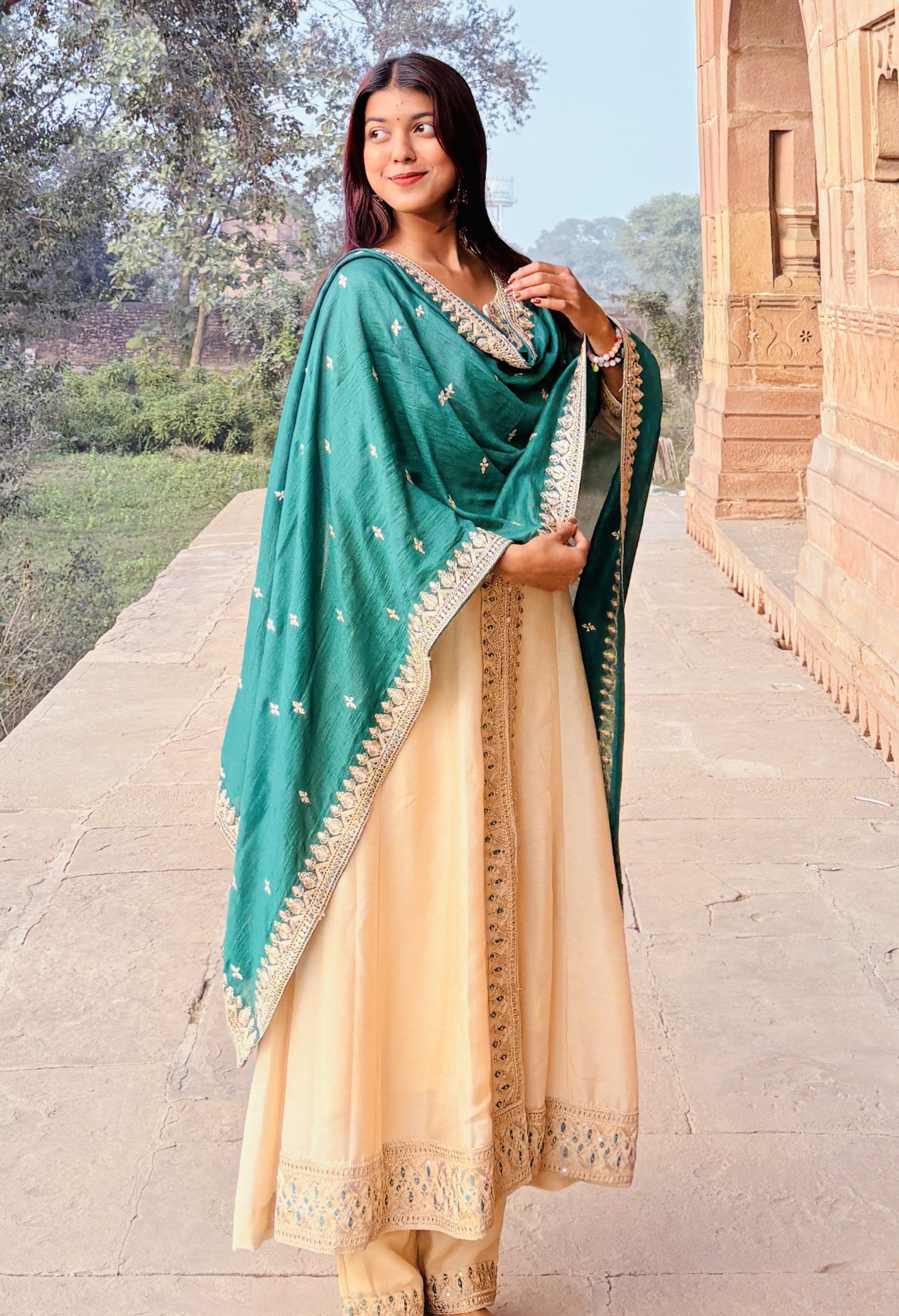 Beige Embroidered Silk Anarkali Kurta With Dupatta Set