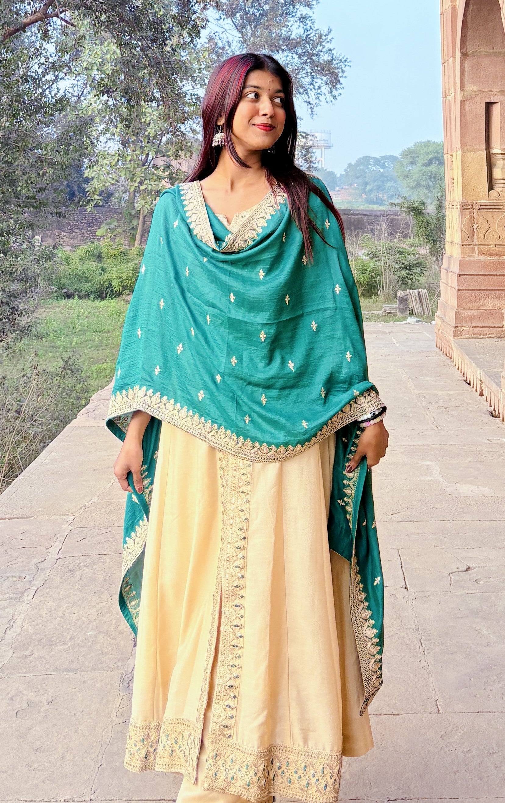 Beige Embroidered Silk Anarkali Kurta With Dupatta Set