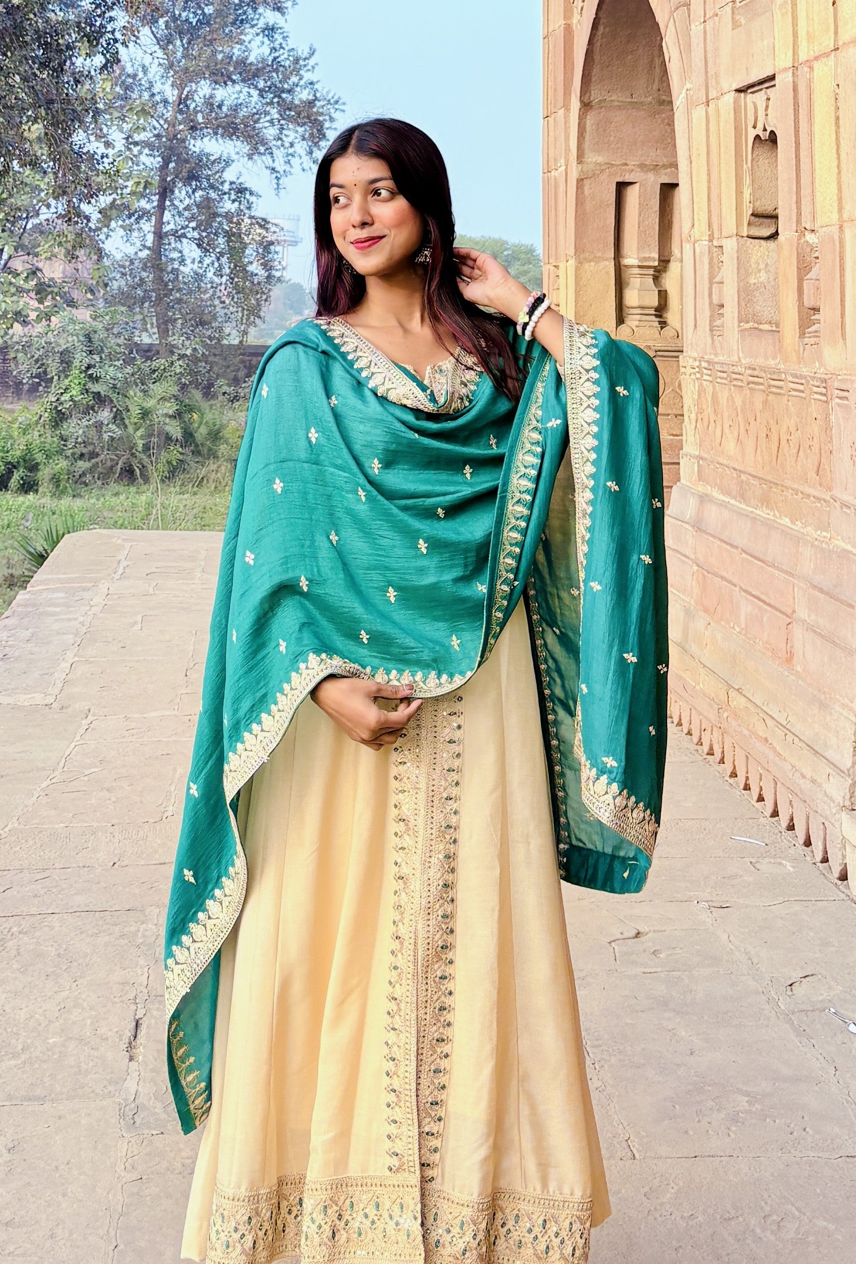 Beige Embroidered Silk Anarkali Kurta With Dupatta Set