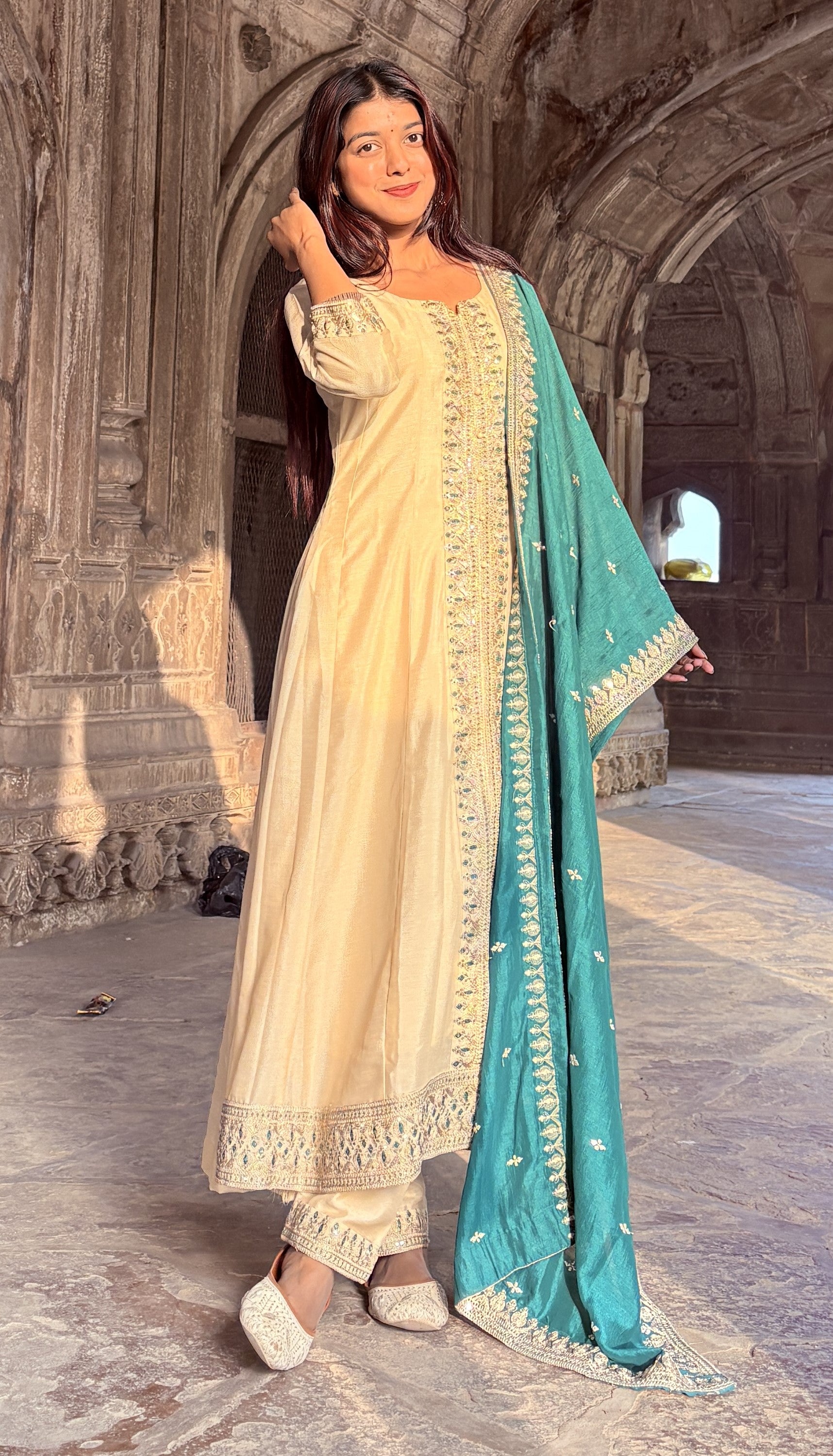 Beige Embroidered Silk Anarkali Kurta With Dupatta Set