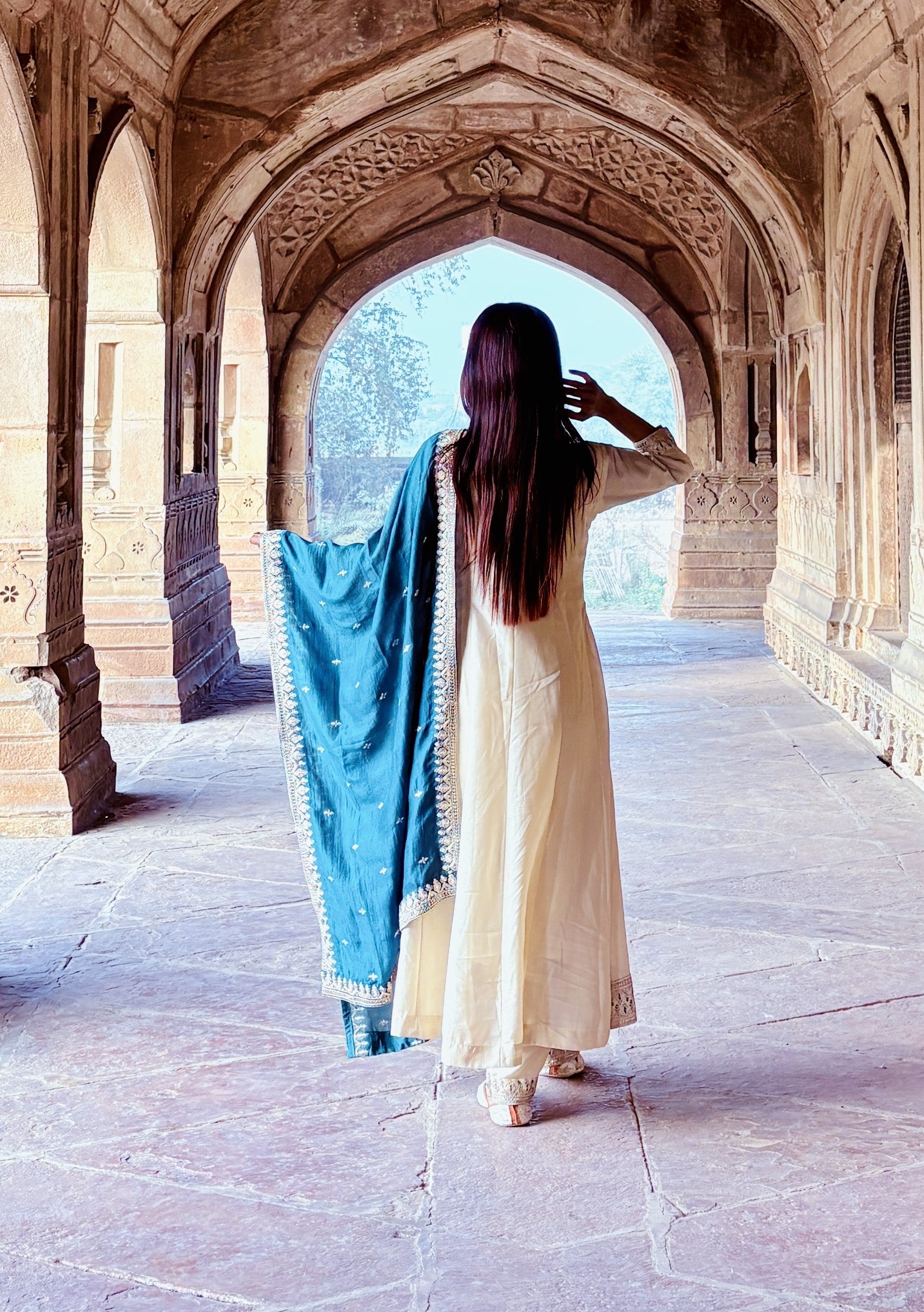 Beige Embroidered Silk Anarkali Kurta With Dupatta Set